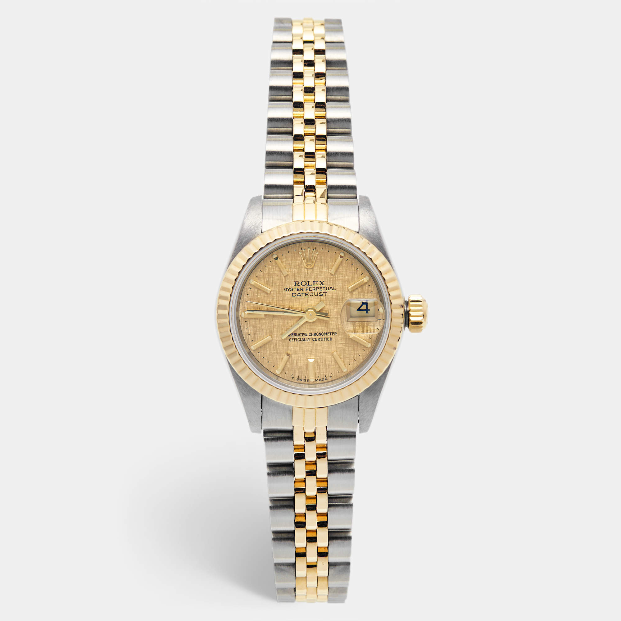 Pre Owned Rolex Champagne Linen Dial 18K Yellow Gold Stainless Steel Datejust 69173 Women's Wristwatch 26 mm