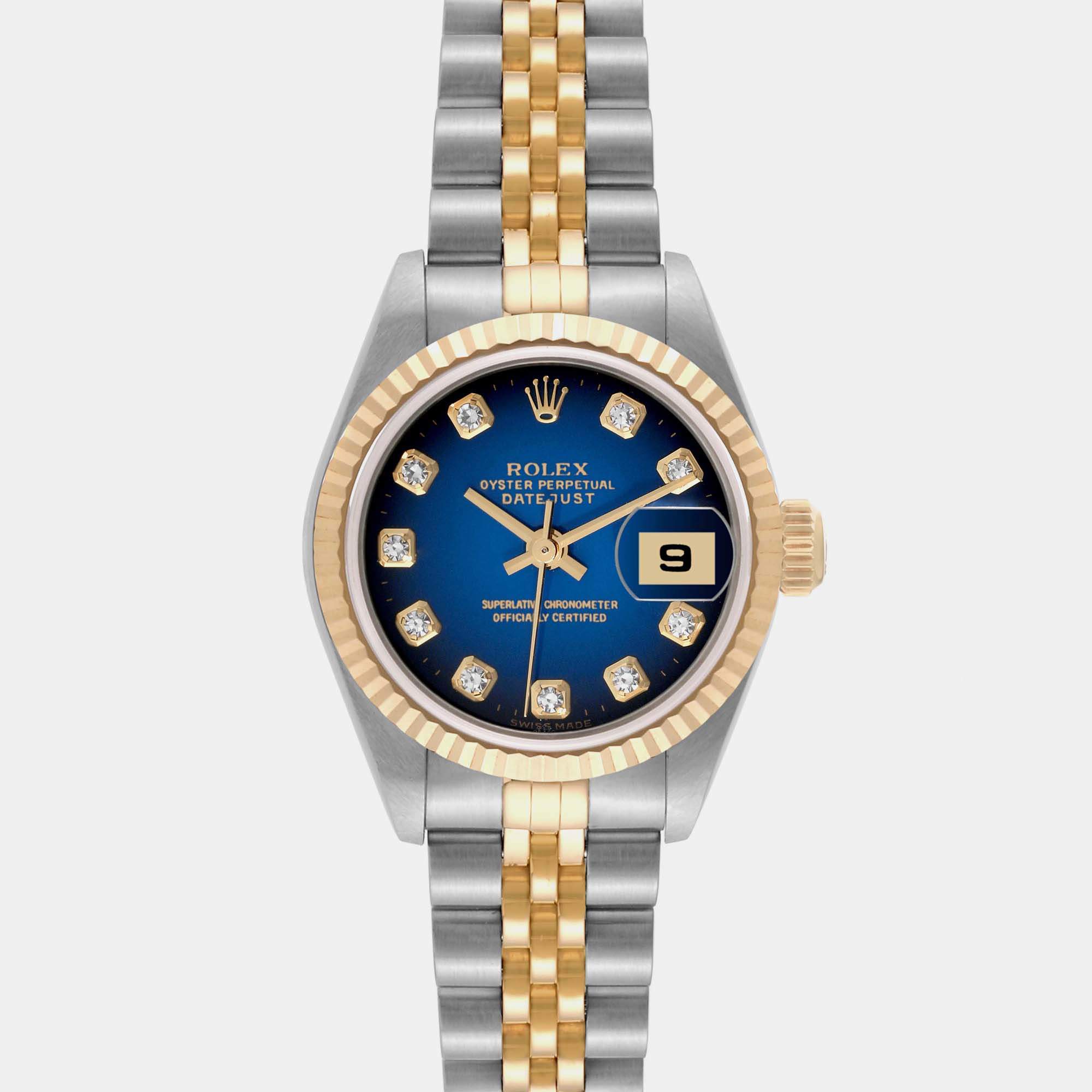 Rolex Datejust Steel Yellow Gold Blue Vignette Diamond Dial Watch 26.0 mm