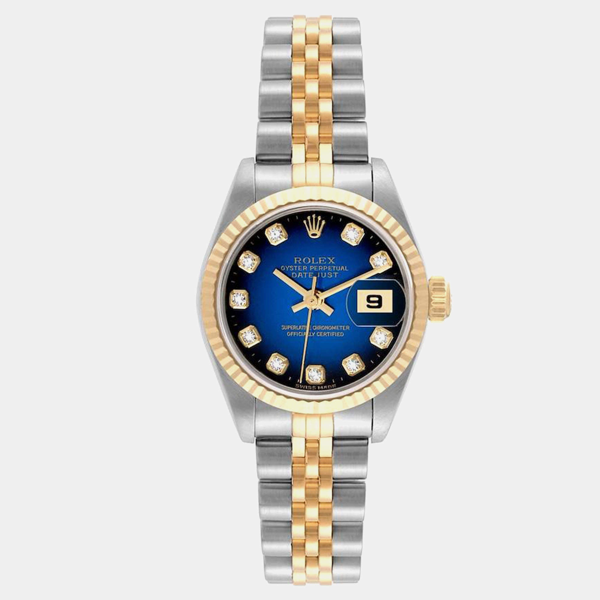 Rolex Datejust Steel Yellow Gold Blue Vignette Diamond Dial Ladies Watch 79173 26 mm