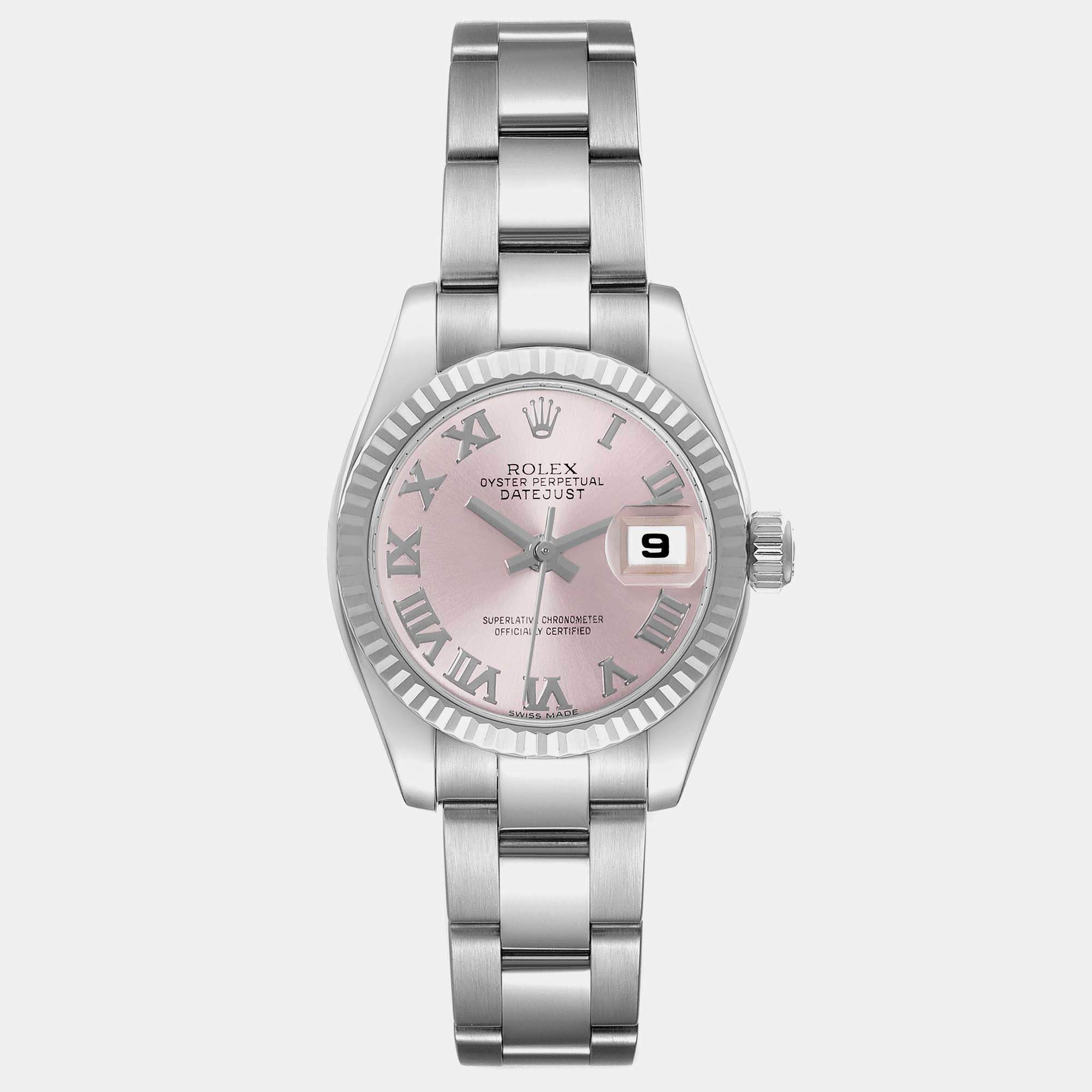 Rolex Datejust Steel White Gold Pink Roman Dial Ladies Watch 179174 26 mm