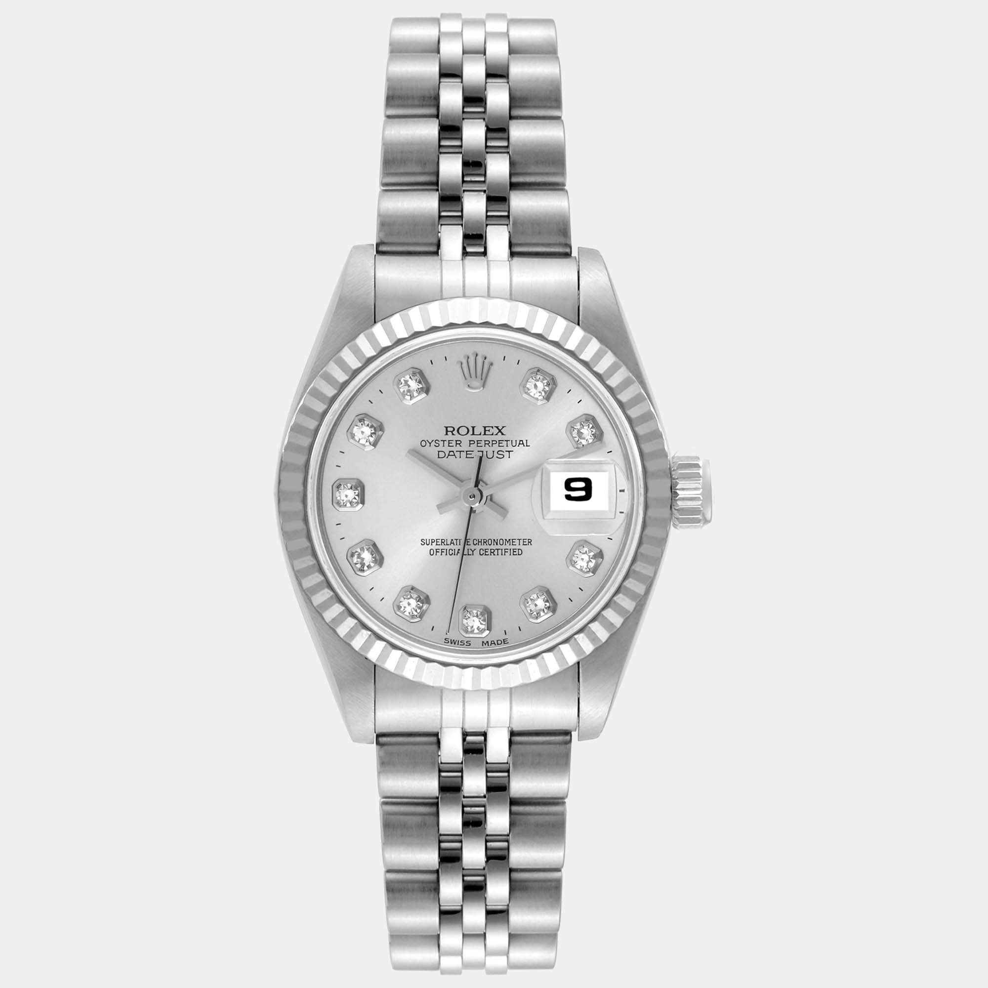 Rolex Datejust Steel White Gold Silver Diamond Dial Ladies Watch 69174 26 mm