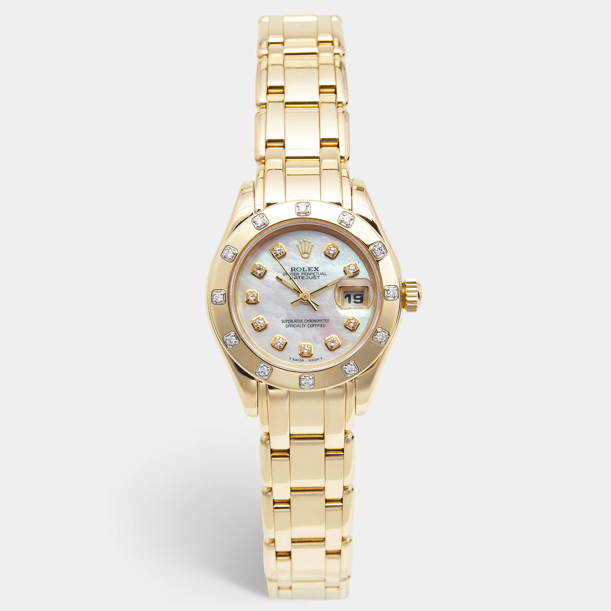 Pre Owned Rolex Mother Of Pearl Diamond 18K Yellow Gold Pearlmaster Datejust 69318 Women's Wristwatch 29 mm
