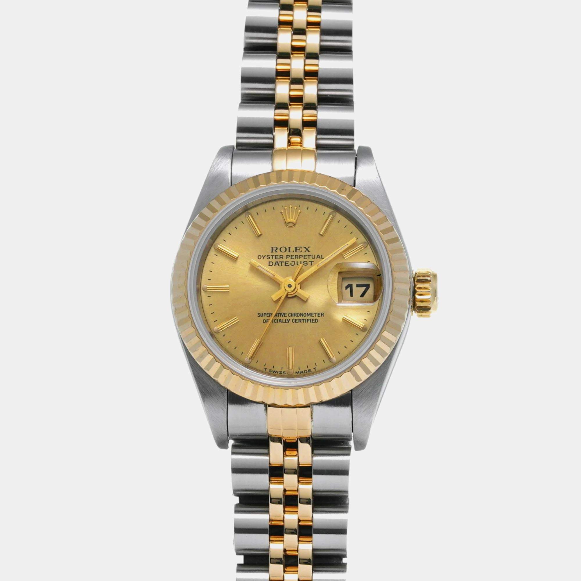 Rolex Champagne 18k Yellow Gold Stainless Steel Datejust 69173 Automatic Women's Wristwatch 26 mm