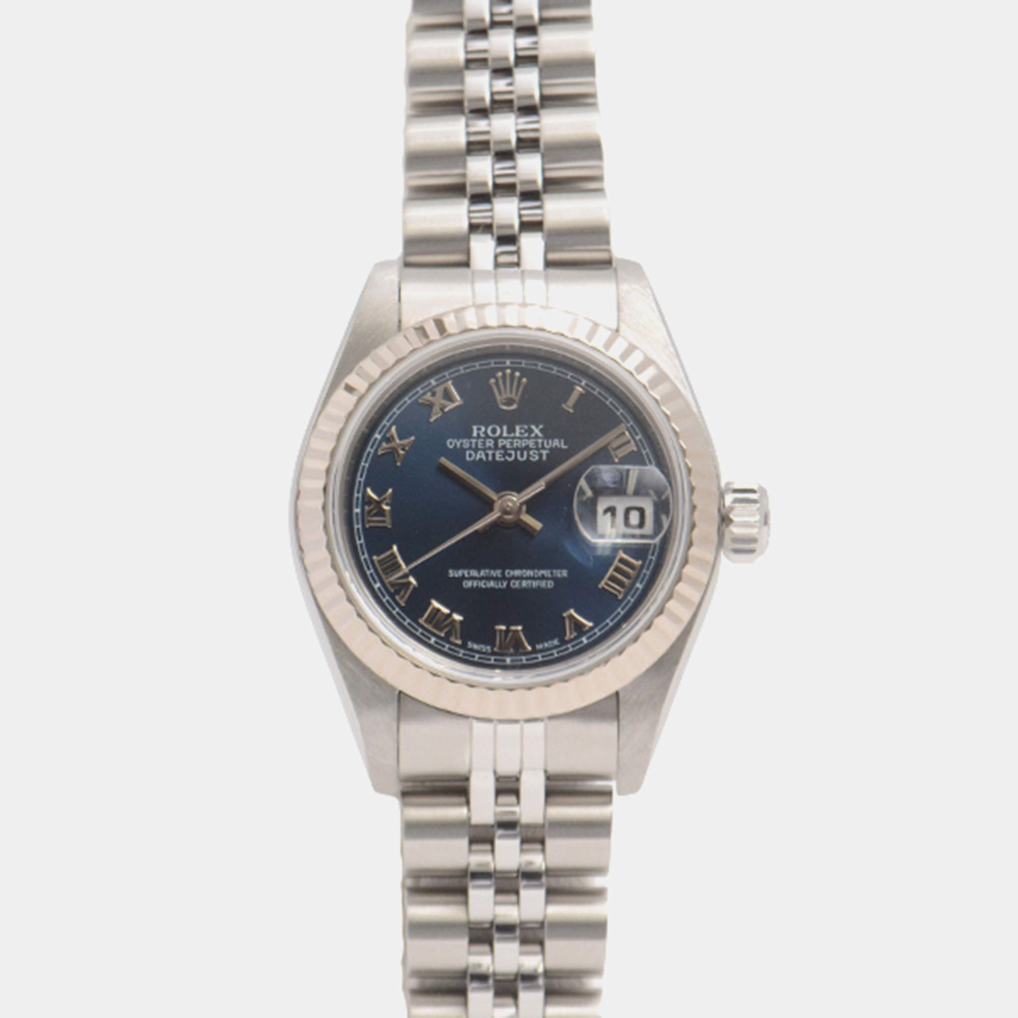 Rolex Blue 18K White Gold Stainless Steel Datejust 79174 Automatic Women's Wristwatch 26 mm