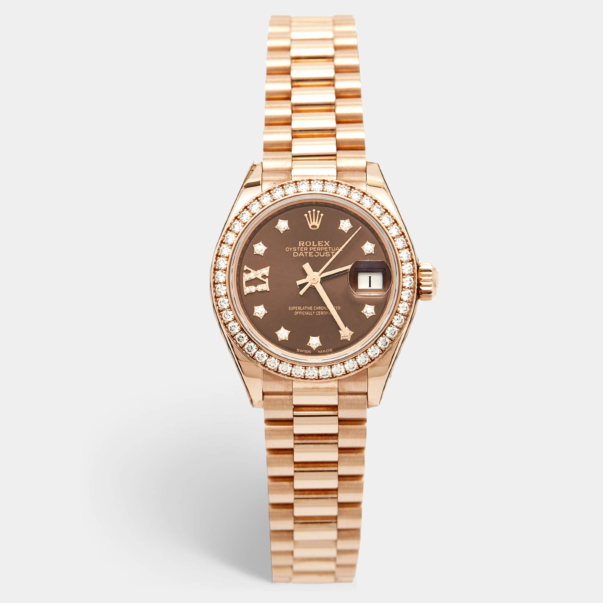 Pre Owned Rolex Chocolate Diamond 18K Everose Gold Datejust 279135RBR-001 Women's Wristwatch 28 mm