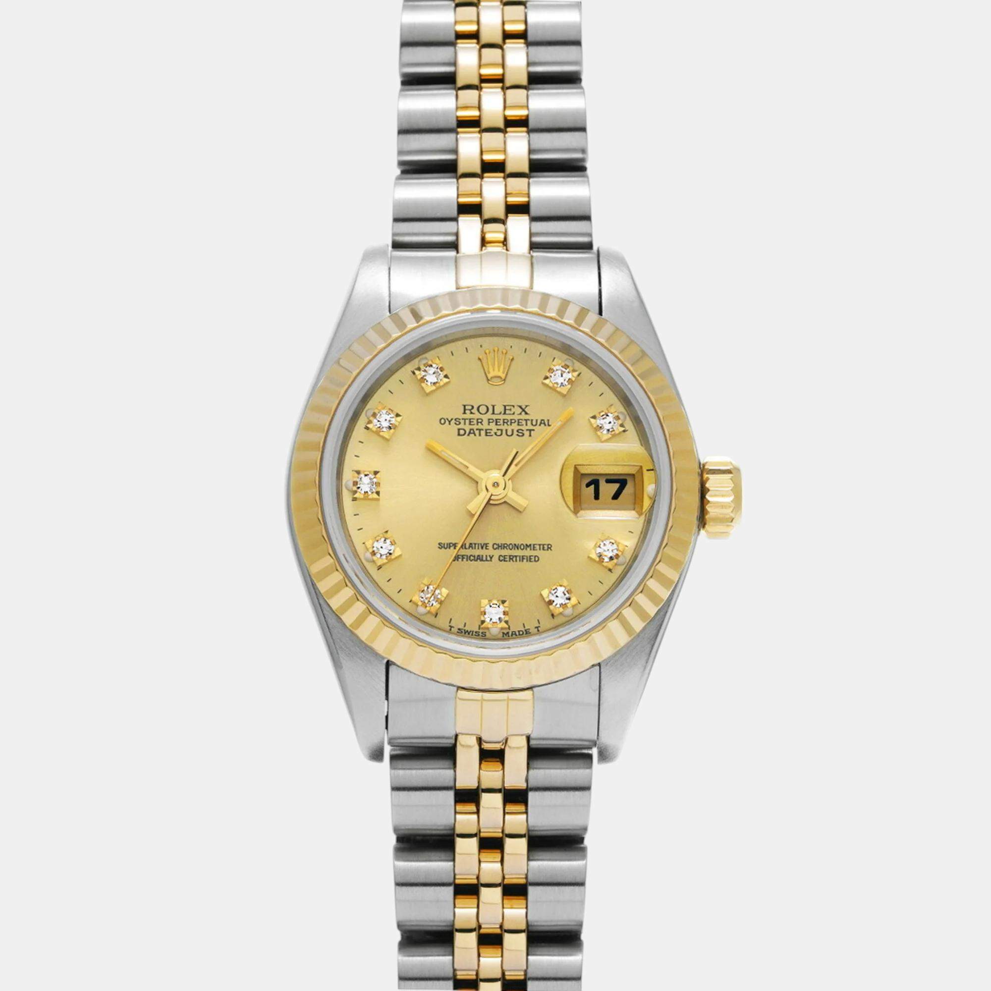 Rolex Champagne Diamond 18k Yellow Gold Stainless Steel Datejust 69173 Automatic Women's Wristwatch 26 mm