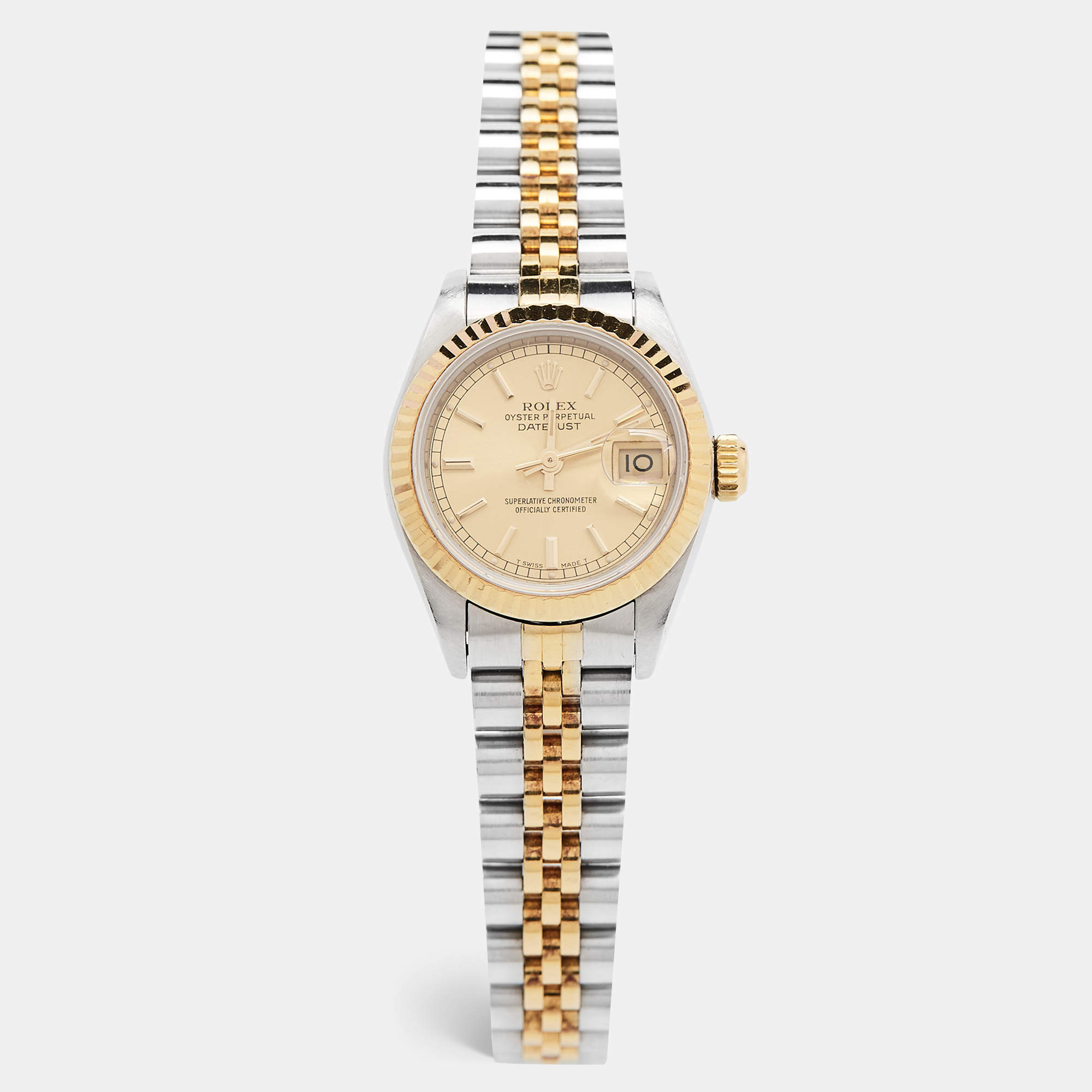 مملوكة مسبقًا Rolex Champagne 18k Yellow Gold Stainless Steel Datejust 69173 Women's Wristwatch 26 mm