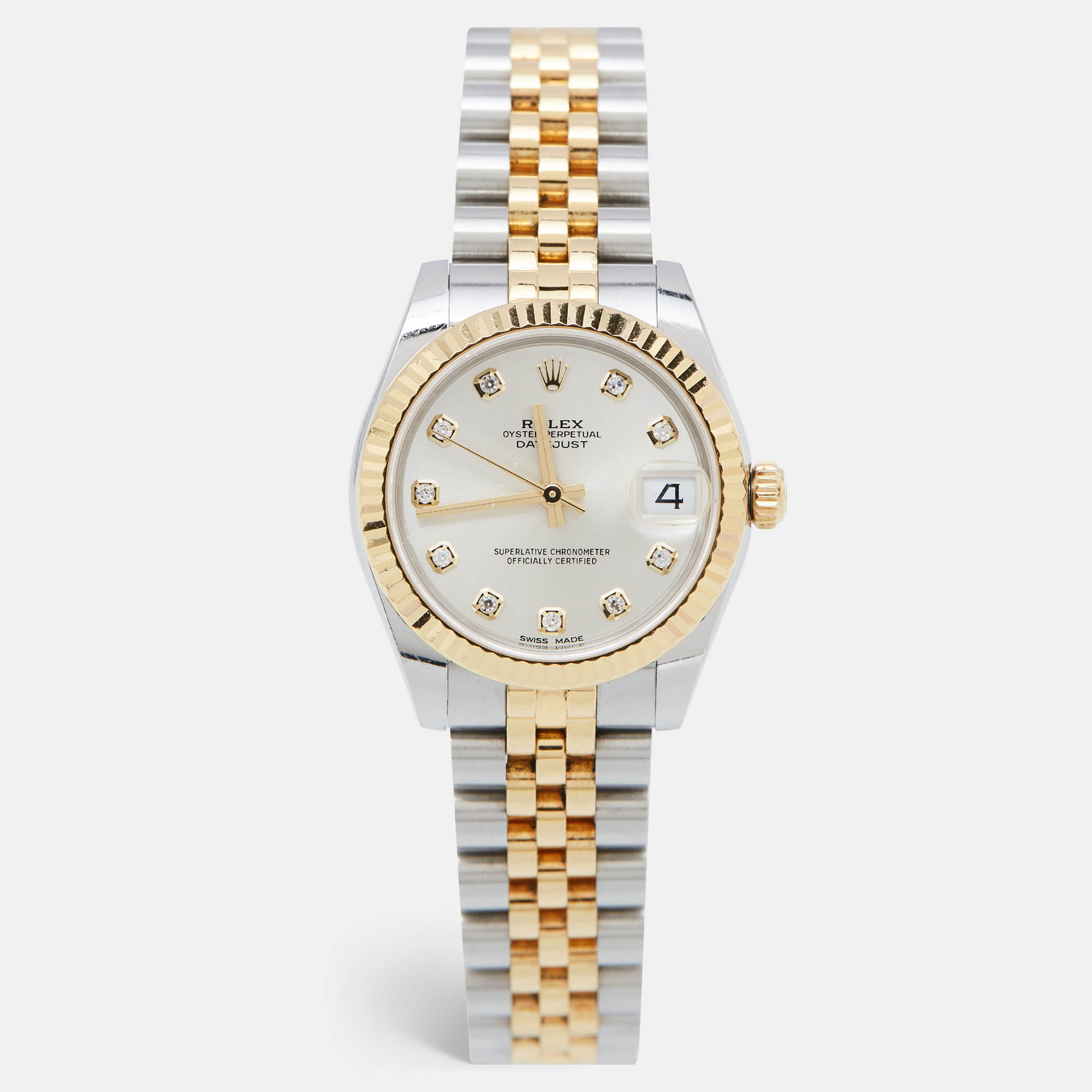 Pre Owned Rolex Silver DIamond 18K Yellow Gold Oystersteel Datejust M178273-0015 Women's Wristwatch 31 mm