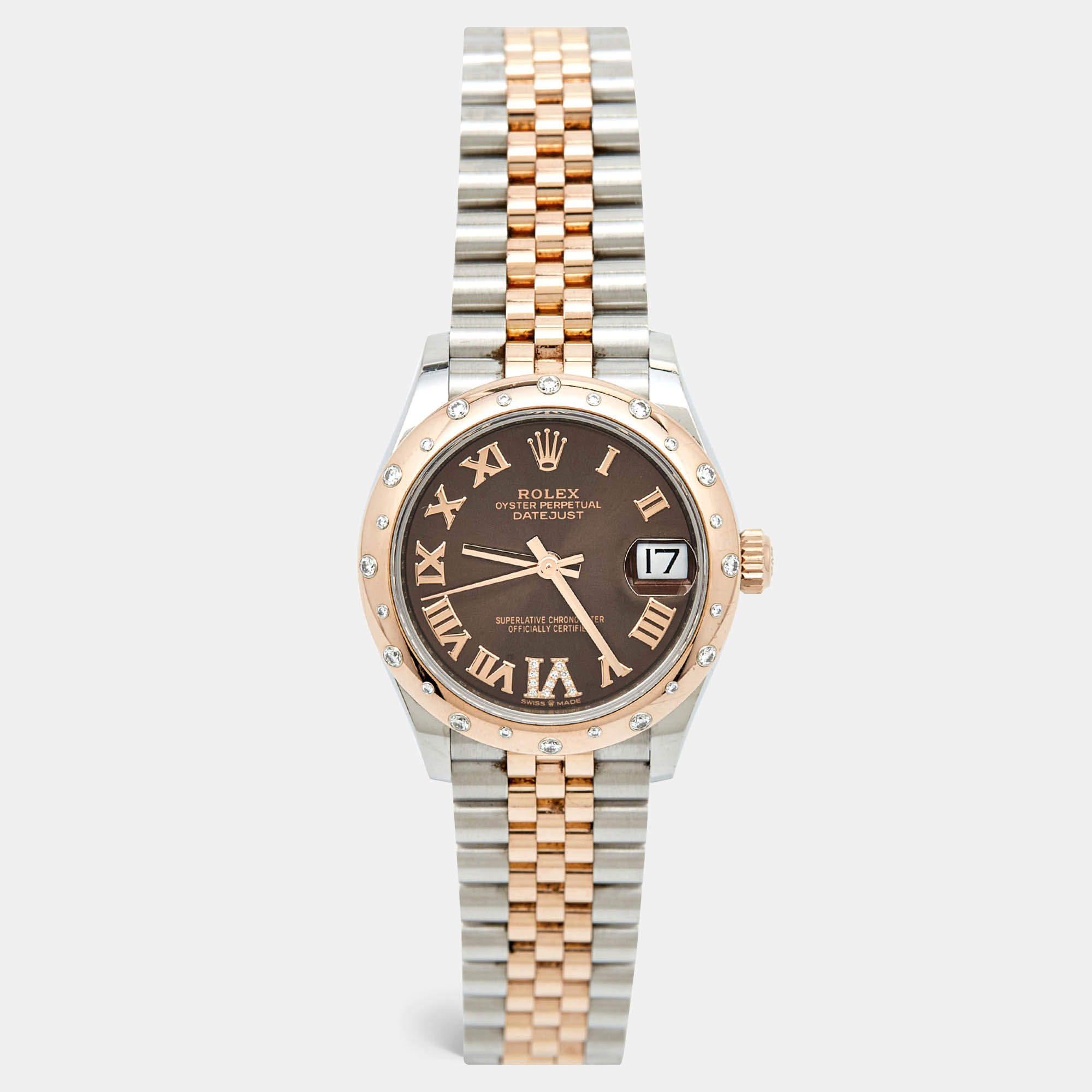 Pre Owned Rolex Chocolate Diamond 18K Everose Gold Oystersteel Datejust 278341RBR-003 Women's Wristwatch 31 mm