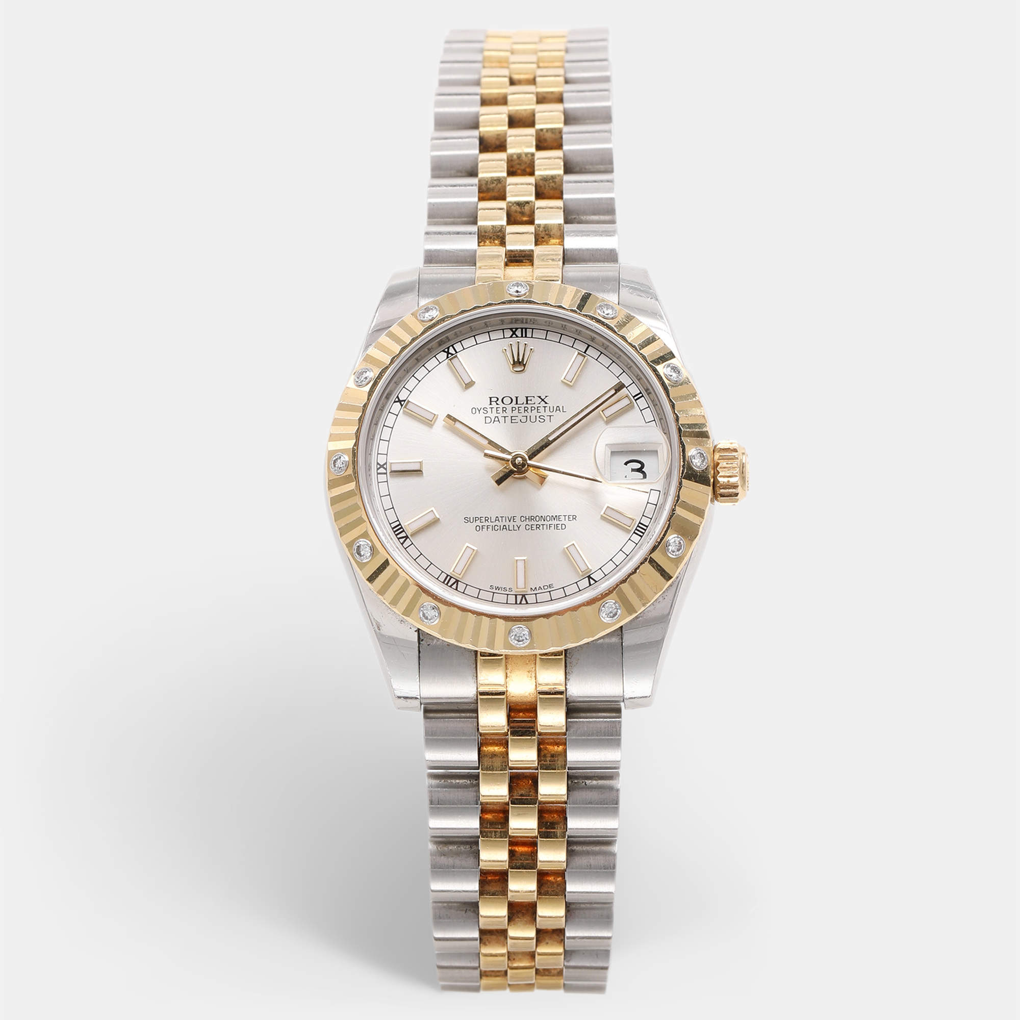 Pre Owned Rolex White 18k Yellow Gold 12 Diamond Bezel Oyster Perpetual Datejust Women's Wristwatch 31 mm