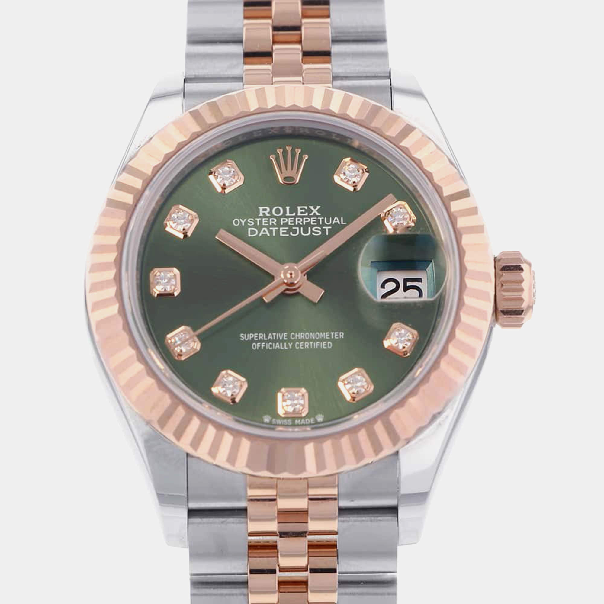 Rolex Green Steel 18K Rose Gold Lady Datejust Automatic Women's Wristwatch 28 mm