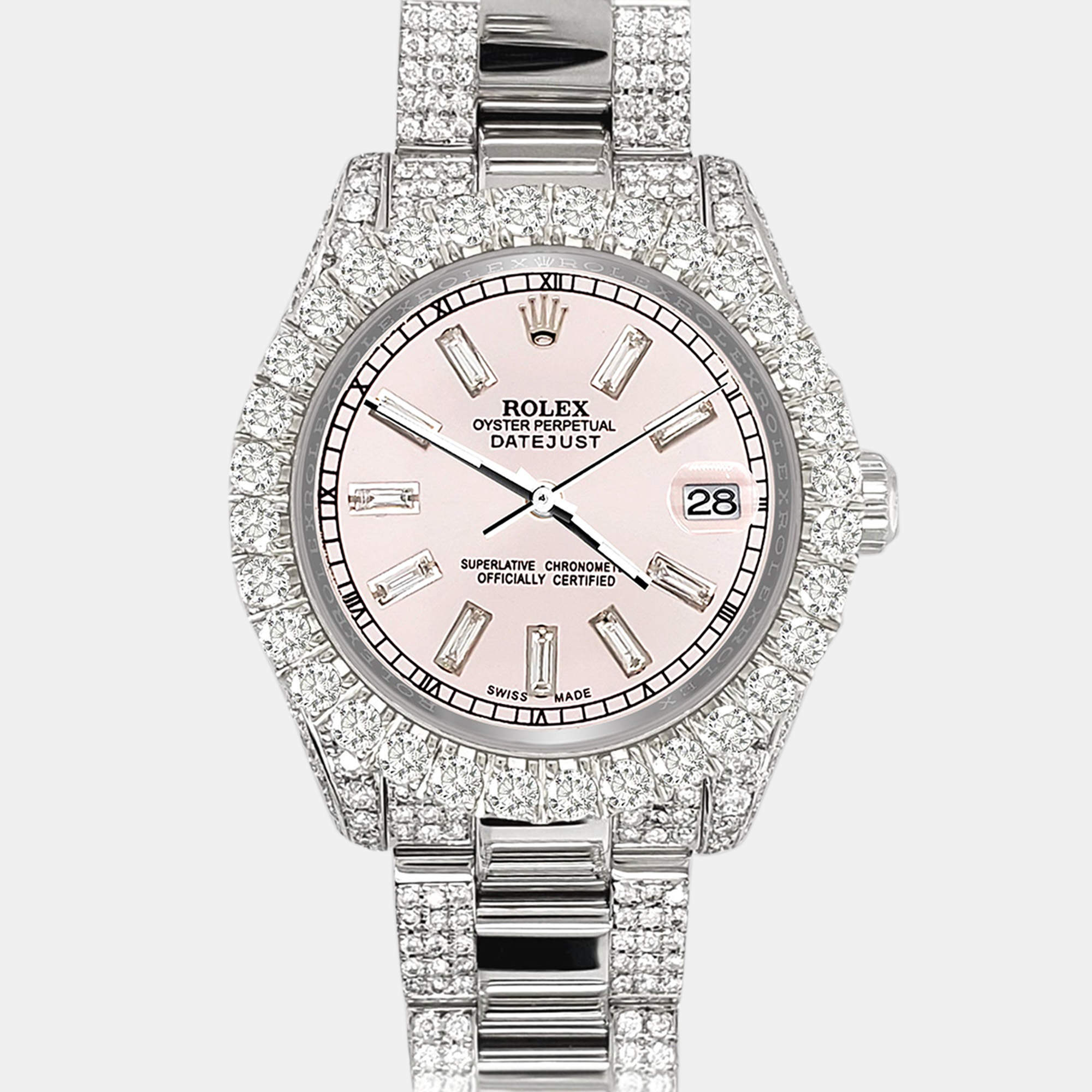 Pre Owned Rolex Custom Ice Pink 7.2ct Diamonds Stainless Steel Datejust 178240 Automatic Women's Wristwatch 31mm
