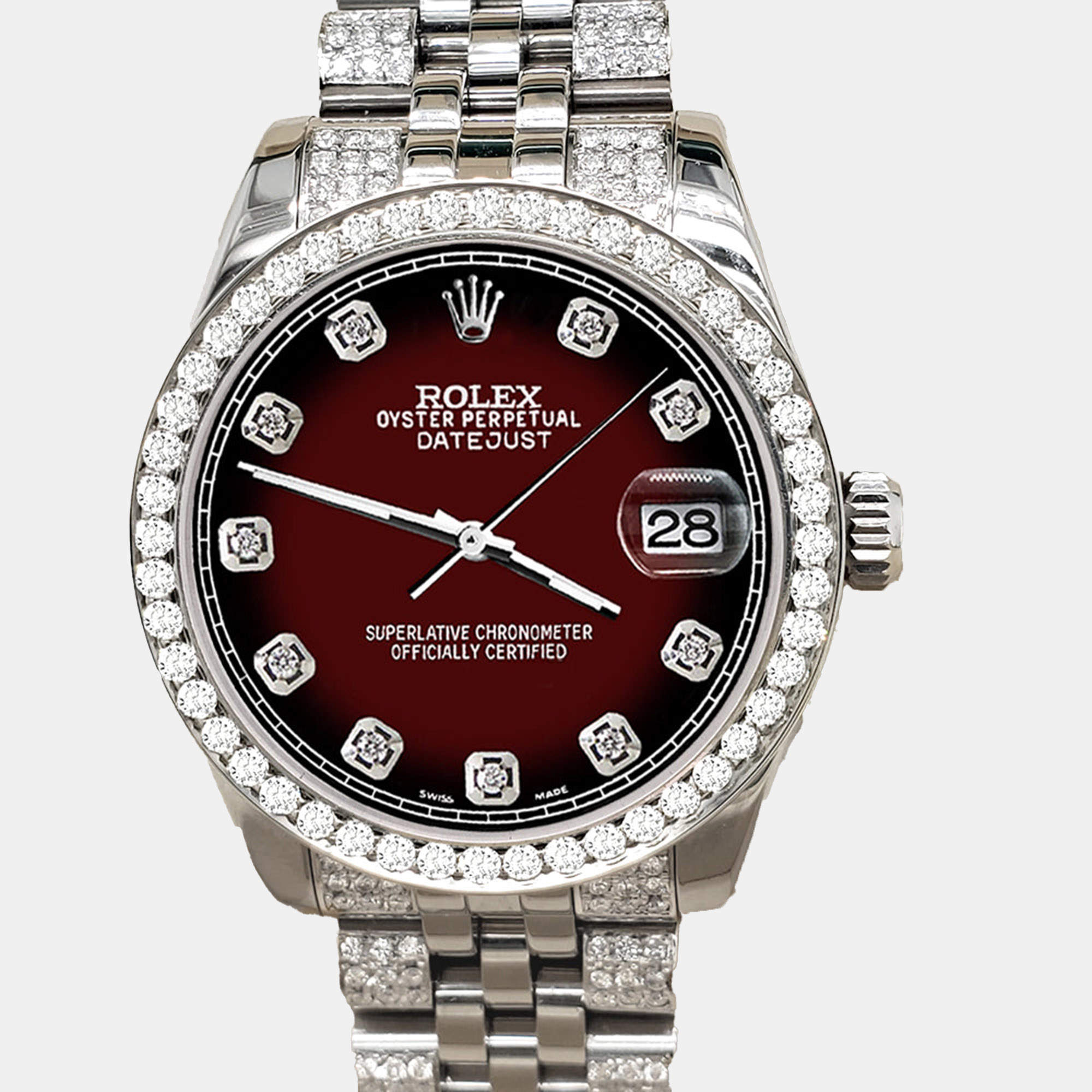 Rolex Custom Maroon Vignette 3.30ct Diamonds Stainless Steel Datejust 178240 Automatic Women's Wristwatch 31mm