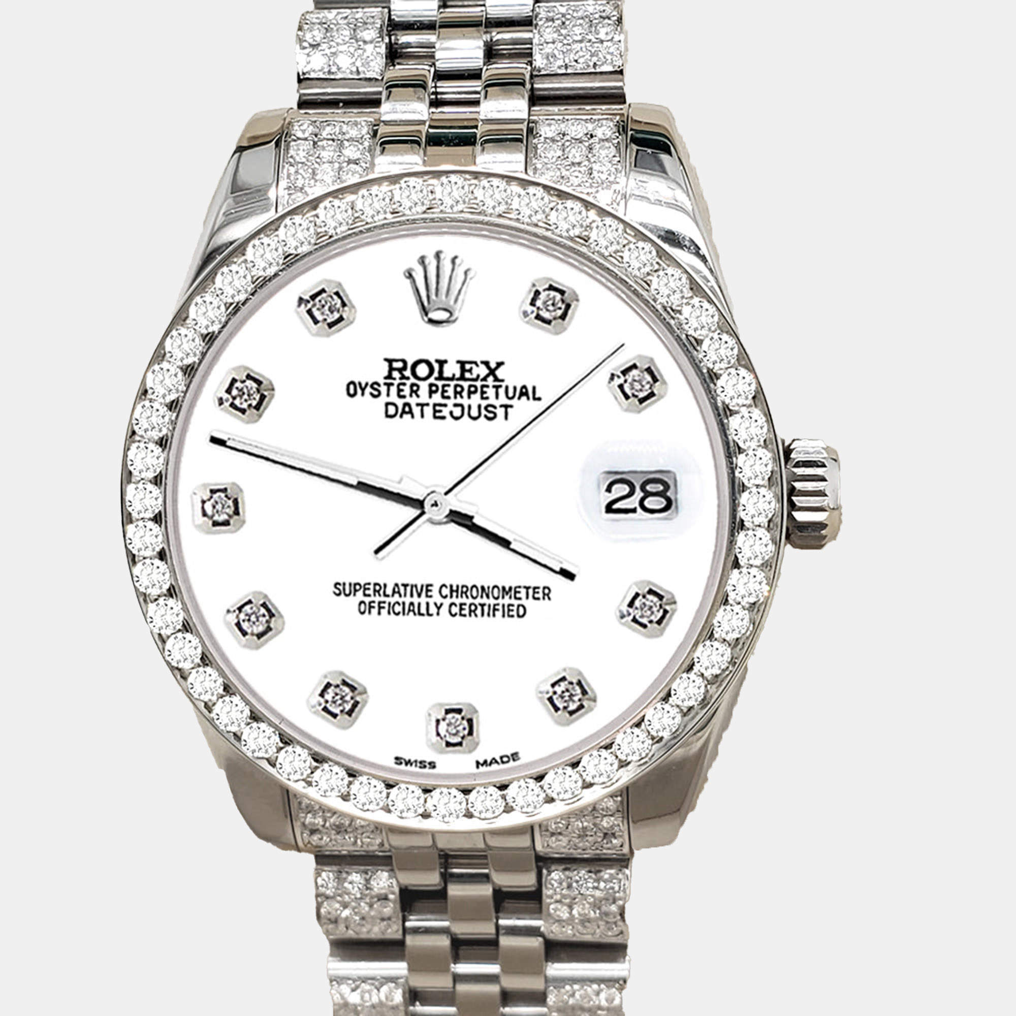 Rolex Custom White 3.30ct Diamonds Stainless Steel Datejust 178240 Automatic Women's Wristwatch 31mm