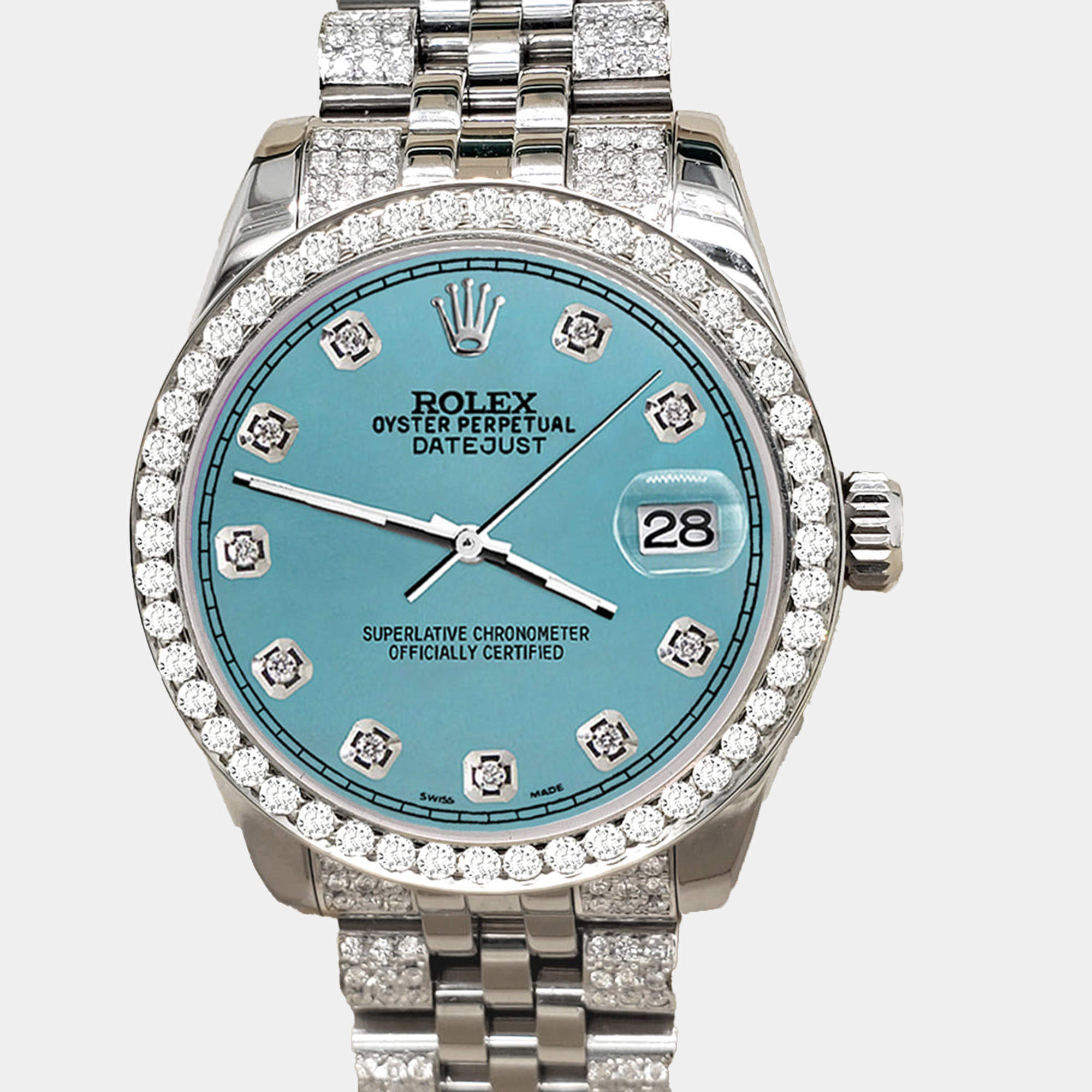 Rolex Custom Turquoise 3.30ct Diamonds Stainless Steel Datejust 178240 Automatic Women's Wristwatch 31mm