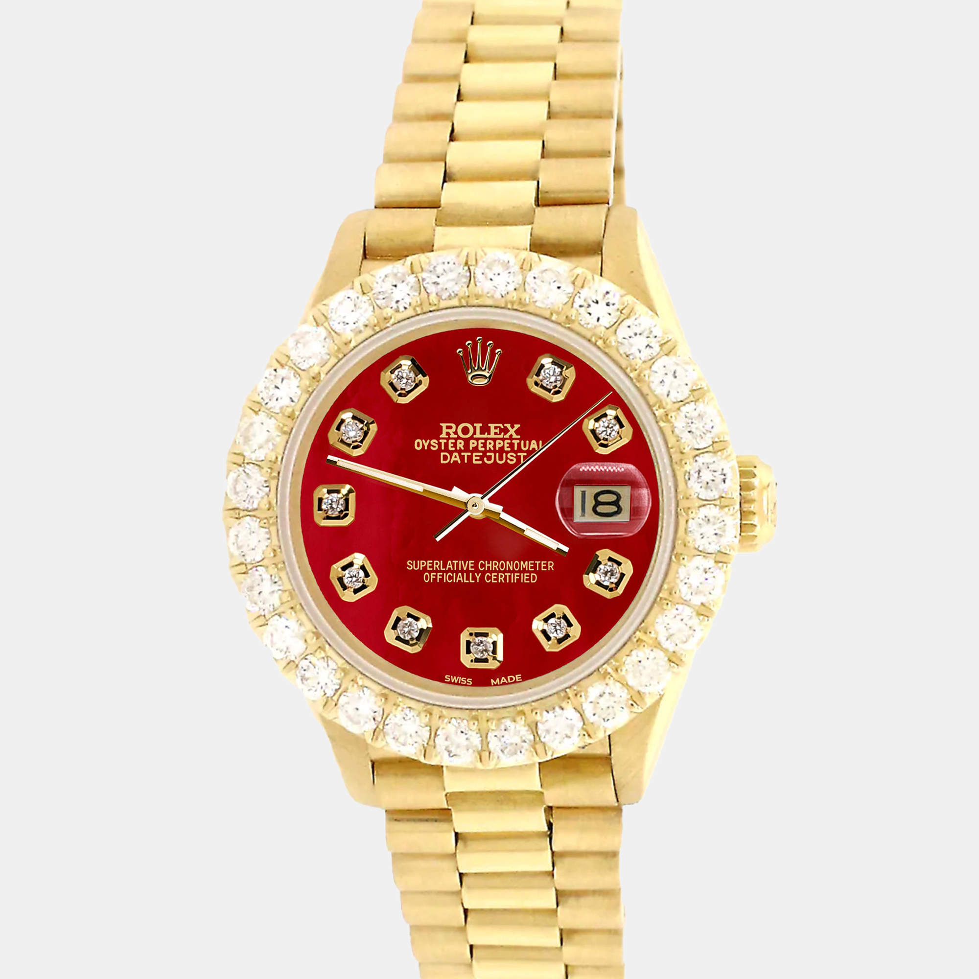 Rolex Custom Red 2ct Diamonds 18K Yellow Gold President Datejust  Automatic Women's Wristwatch 26mm