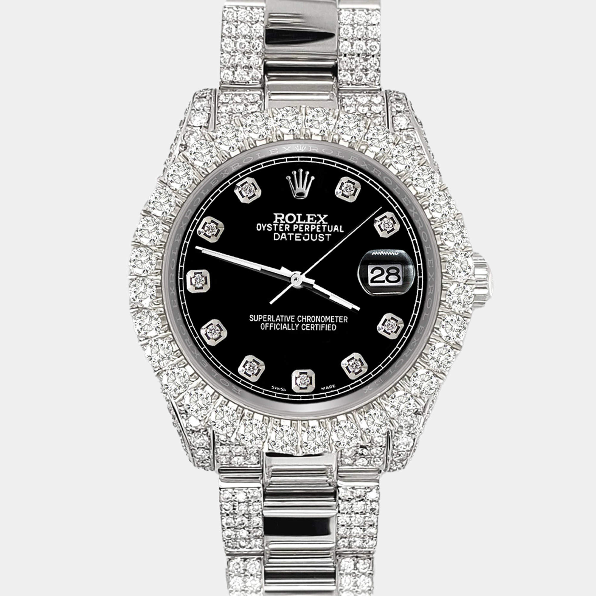 Rolex Custom Black 7.2ct Diamonds Stainless Steel Datejust 178240 Automatic Women's Wristwatch 31mm