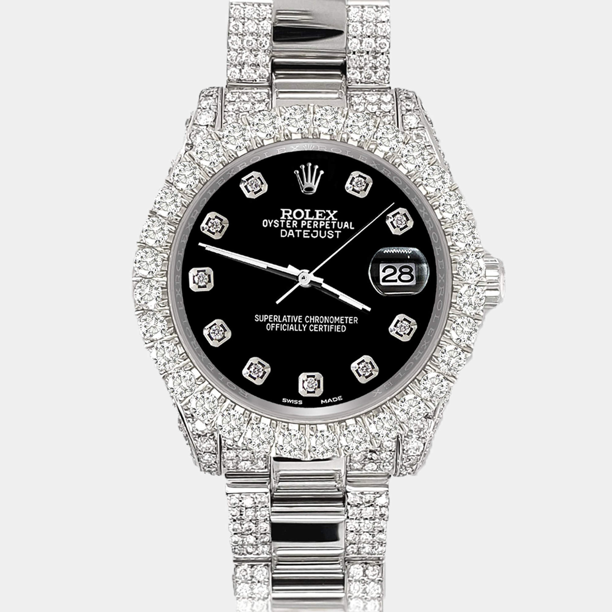 Rolex Custom Black 7.2ct Diamonds Stainless Steel Datejust 178240 Automatic Women's Wristwatch 31mm