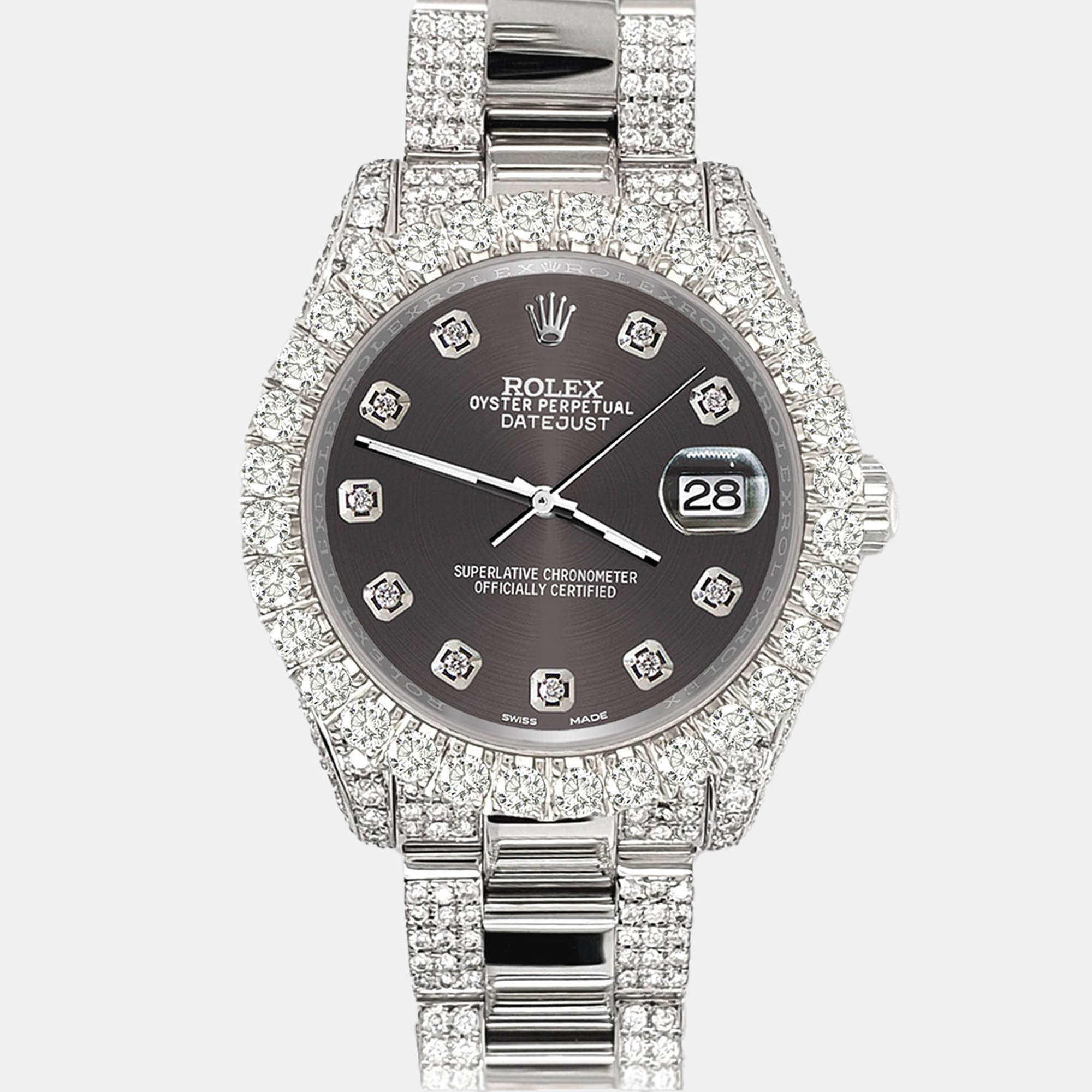 Rolex Custom Rhodium Gray 7.2ct Diamonds Stainless Steel Datejust 178240 Automatic Women's Wristwatch 31mm