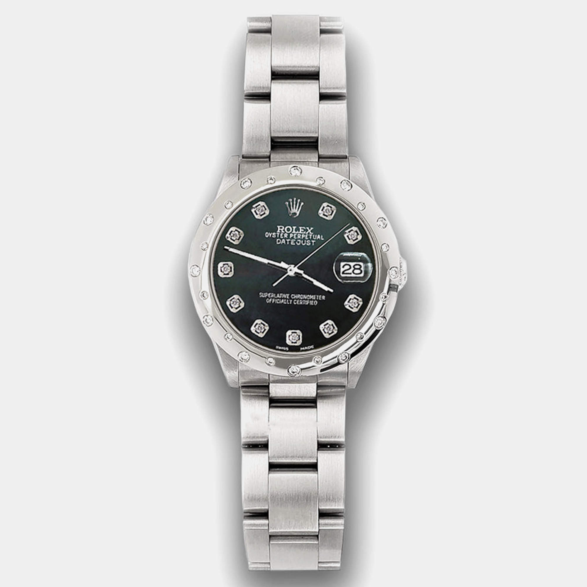 Rolex Custom Black MOP Diamond Stainless Steel Datejust 78240 Automatic Women's Wristwatch 31 mm