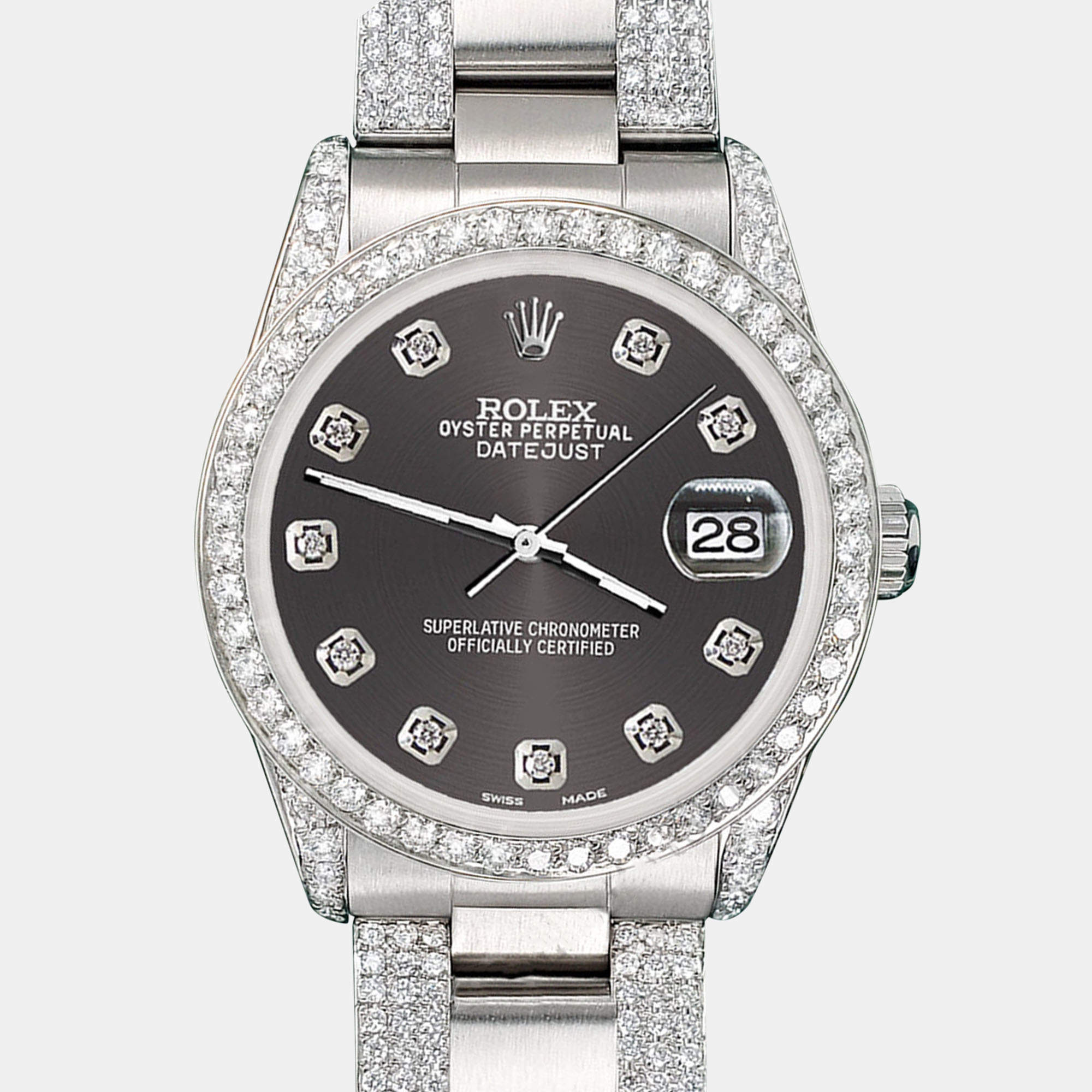 Rolex Custom Rhodium Grey 3.5ct Diamond Stainless Steel Datejust Automatic Women's Wristwatch 31 mm