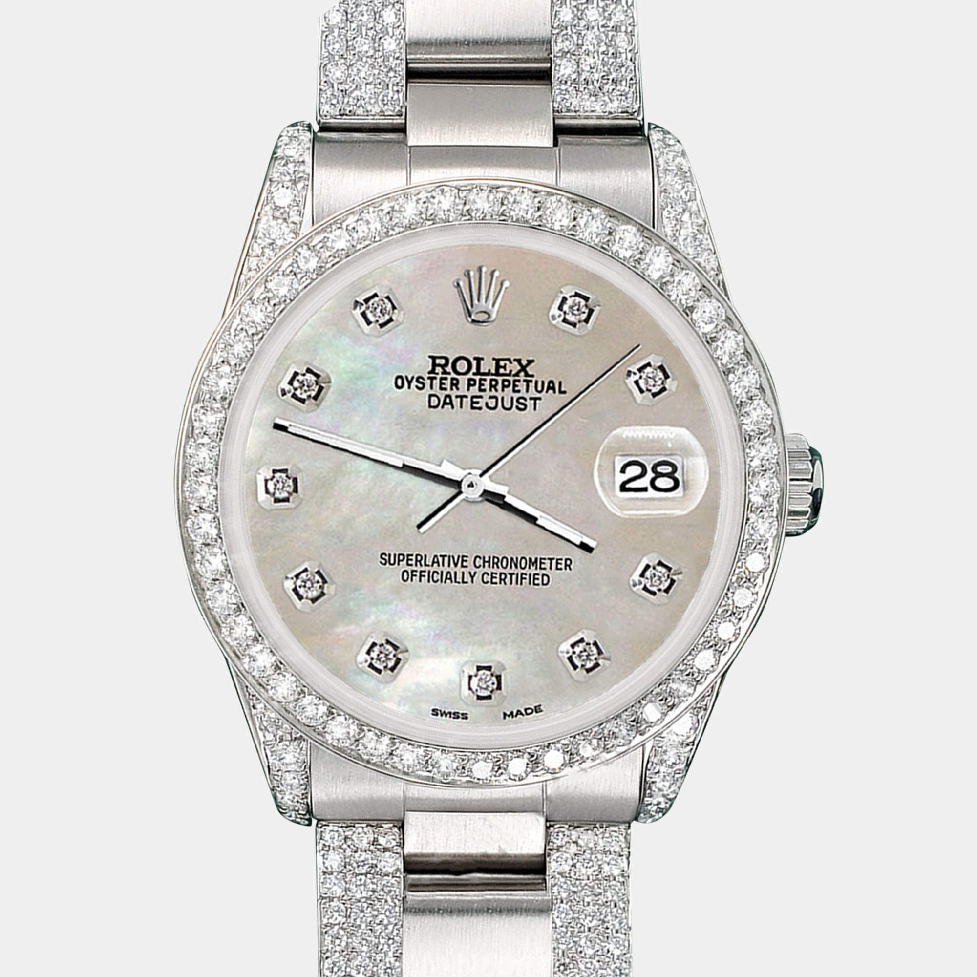 Rolex Custom Champagne MOP 3.5ct Diamond Stainless Steel Datejust Automatic Women's Wristwatch 31 mm