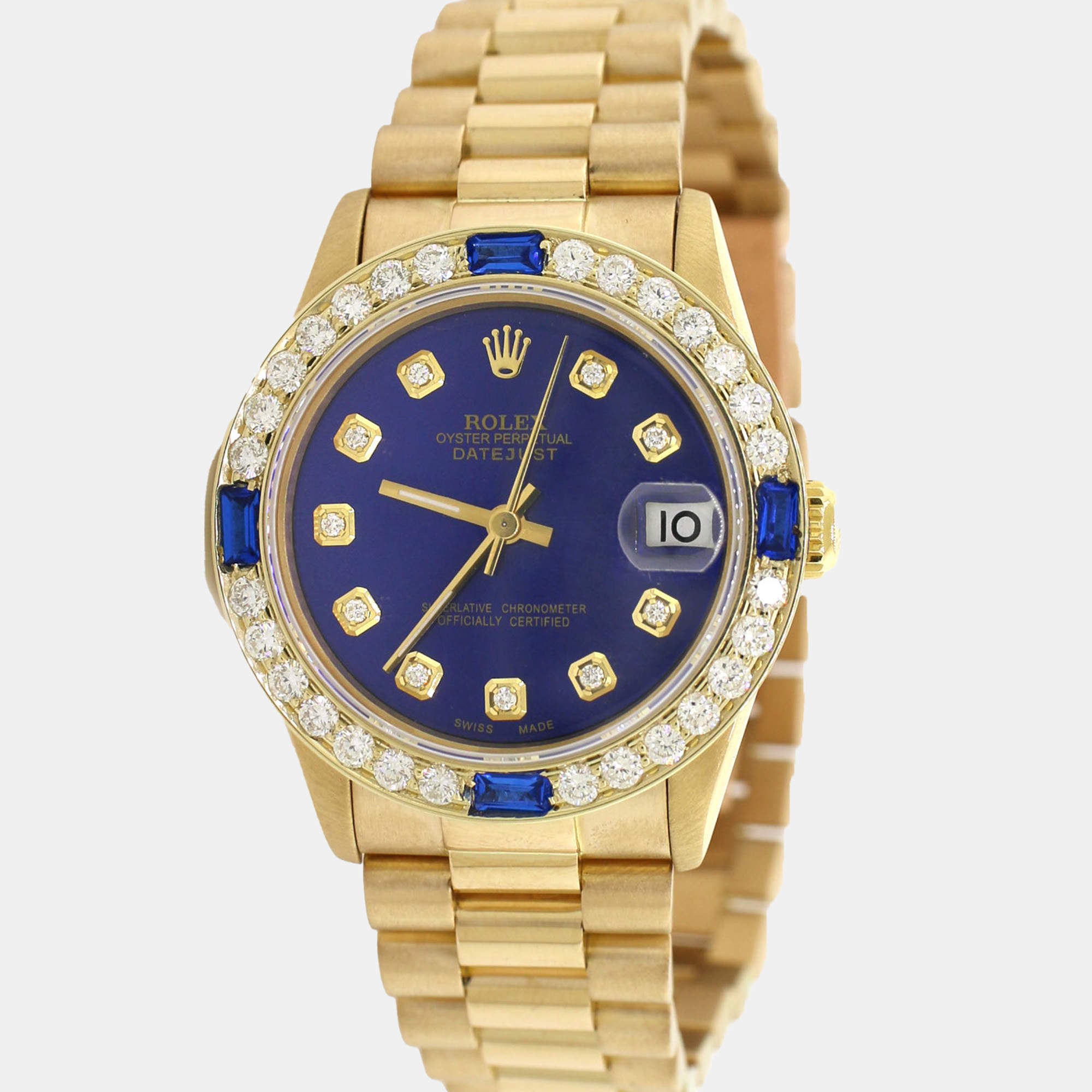 Rolex Custom Blue Diamond 18K Yellow Gold President Datejust 68278 Automatic Women's Wristwatch 31MM
