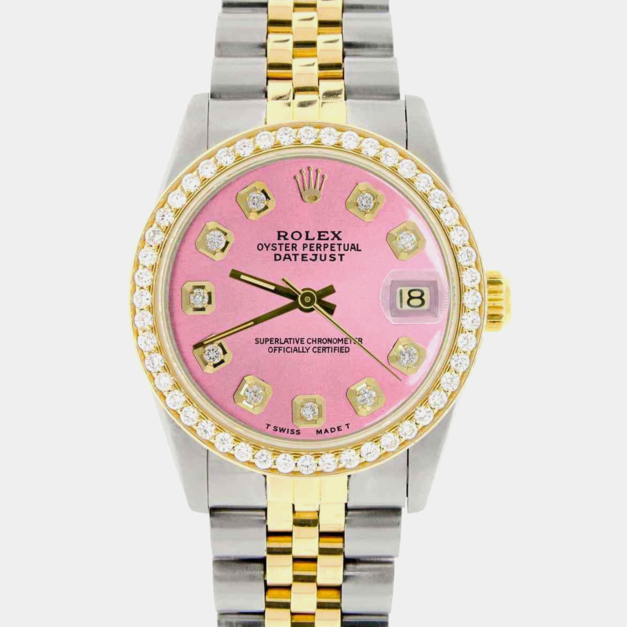 Rolex Custom Hot Pink Diamond 18K Yellow Gold Stainless Steel Datejust  Automatic Women's Wristwatch 31mm