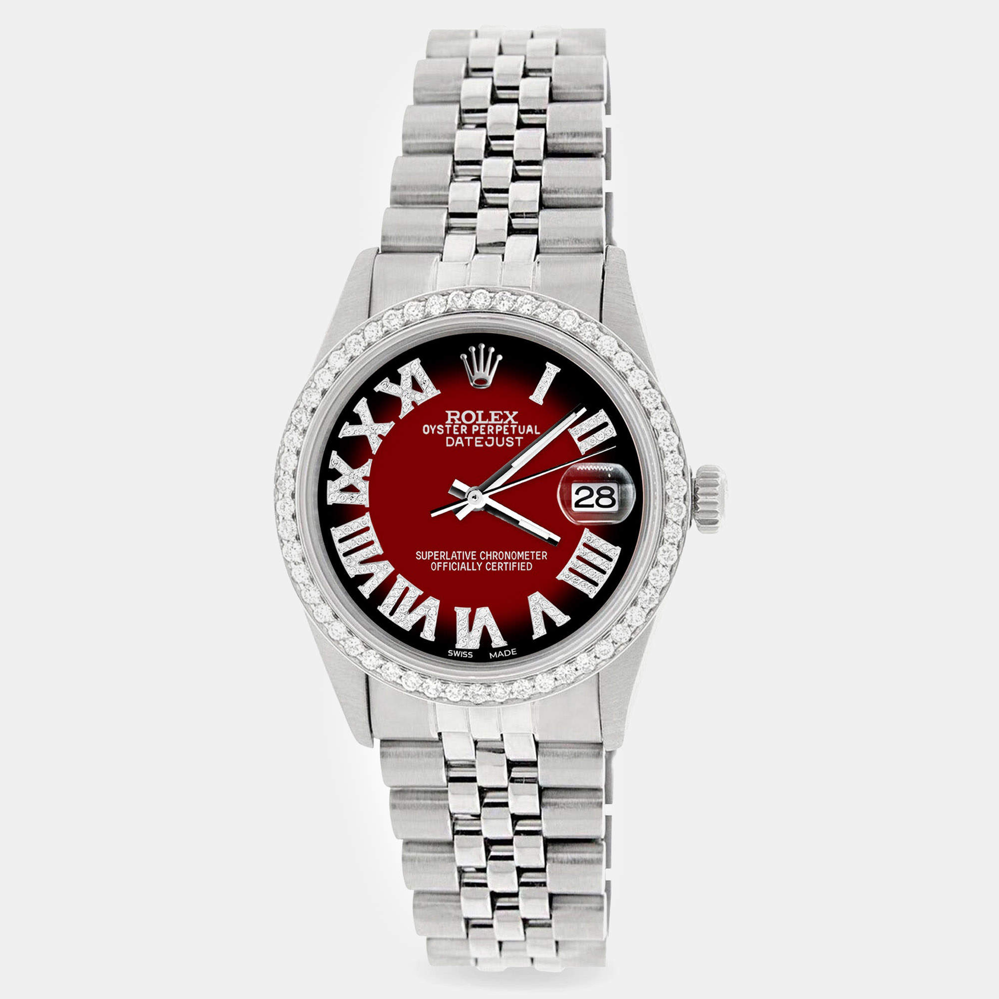 Rolex Custom Red Diamond Stainless Steel Datejust  Automatic Men's Wristwatch 36MM