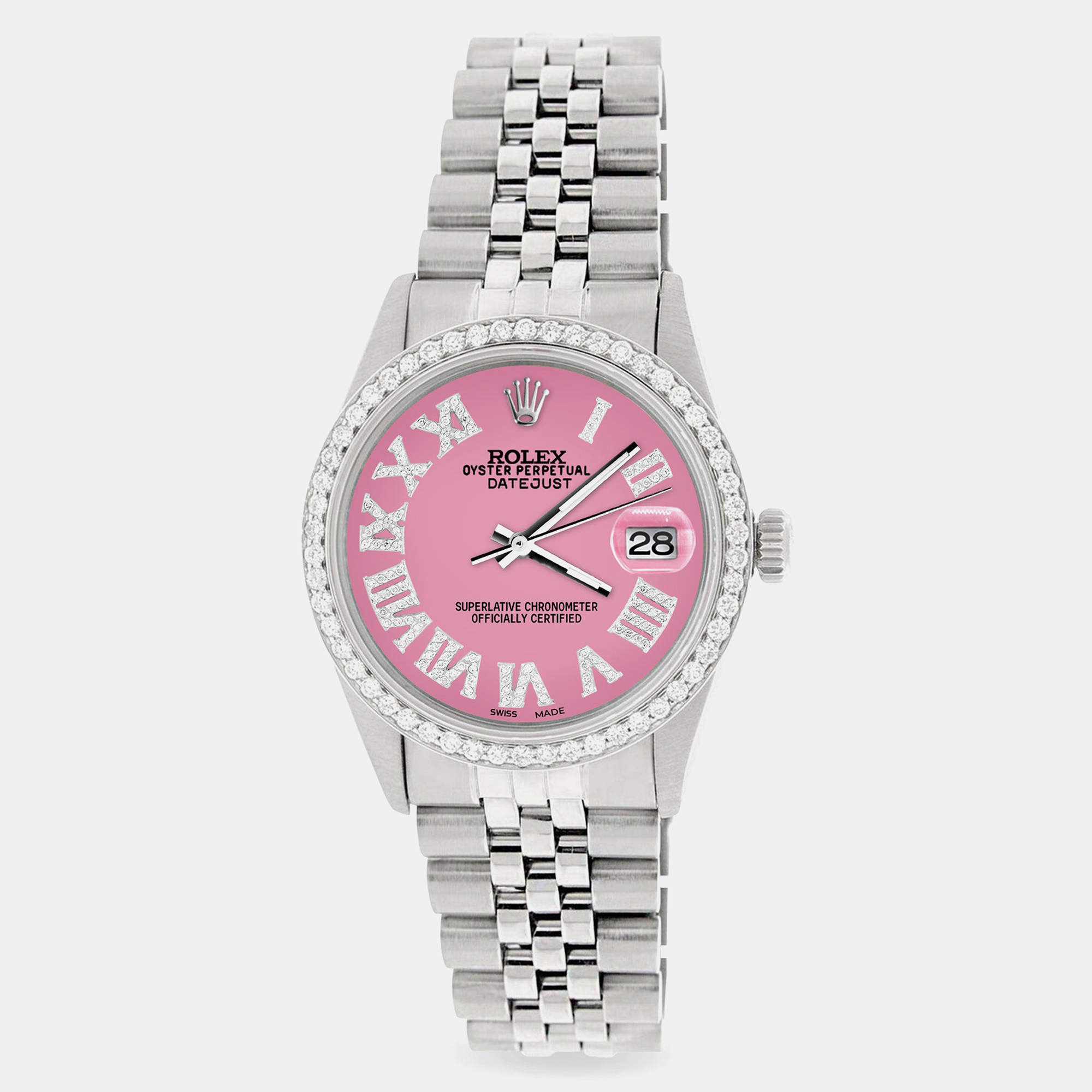 Rolex Custom Pink Diamond Stainless Steel Datejust  Automatic Men's Wristwatch 36MM