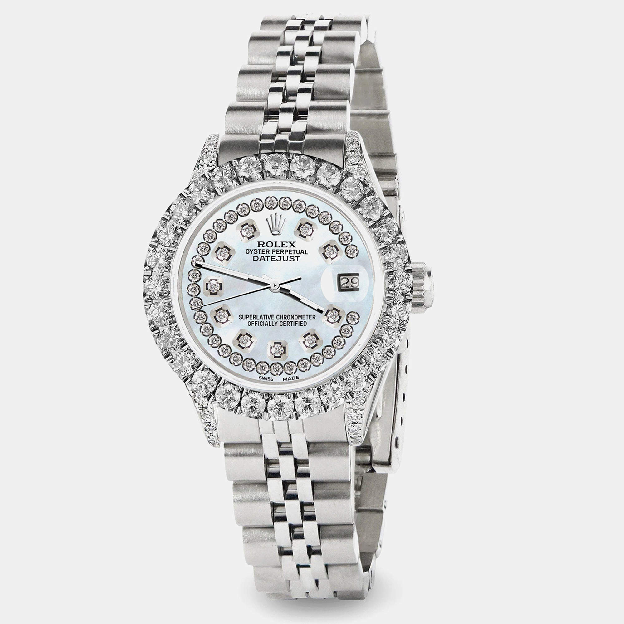 Rolex Custom Sky Blue MOP 2.35CT Diamond Stainless Steel Datejust  Automatic Women's Wristwatch 26mm