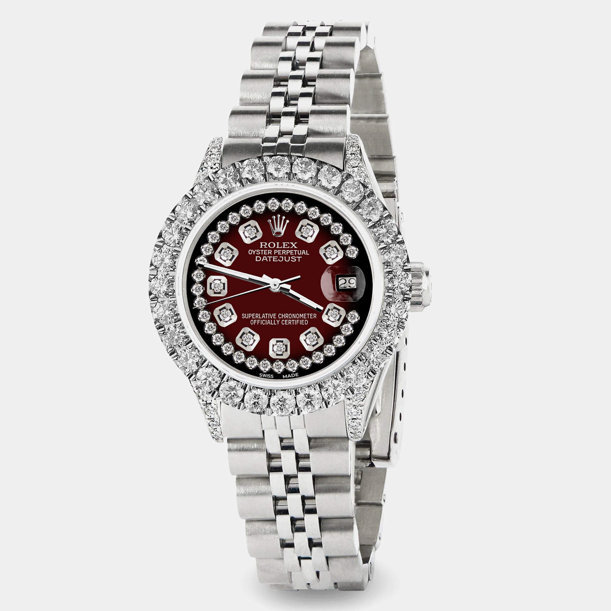 Rolex Custom Maroon Vignette 2.35CT Diamond Stainless Steel Datejust  Automatic Women's Wristwatch 26mm
