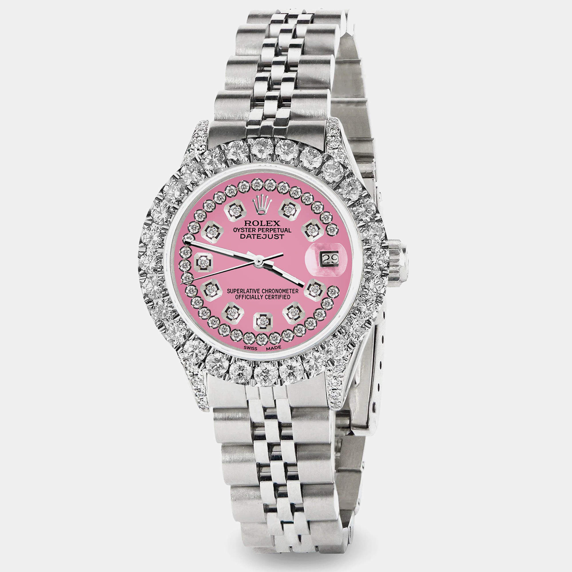 Rolex Custom Hot Pink 2.35CT Diamond Stainless Steel Datejust  Automatic Women's Wristwatch 26mm