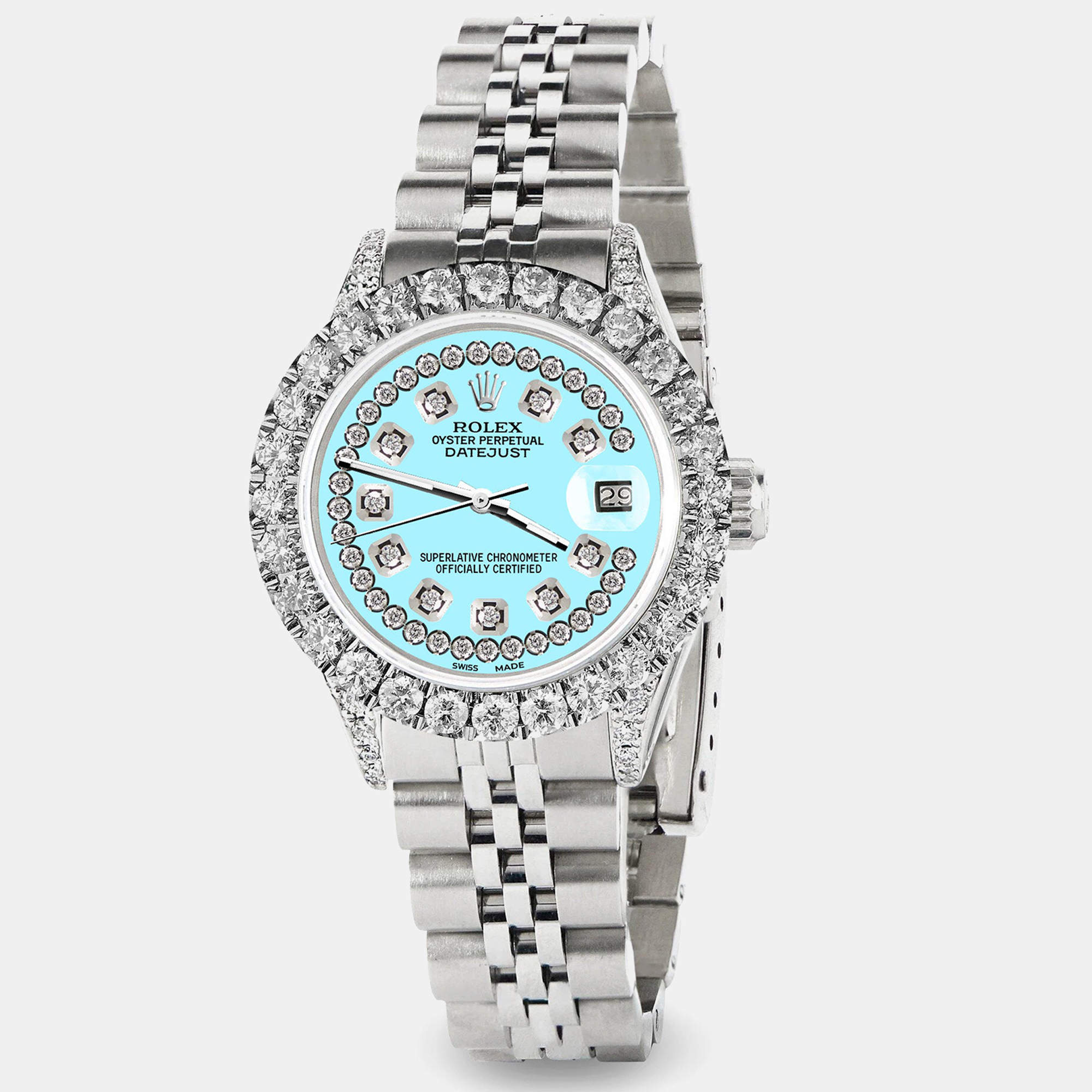 Rolex Custom Aqua Blue 2.35CT Diamond Stainless Steel Datejust  Automatic Women's Wristwatch 26mm