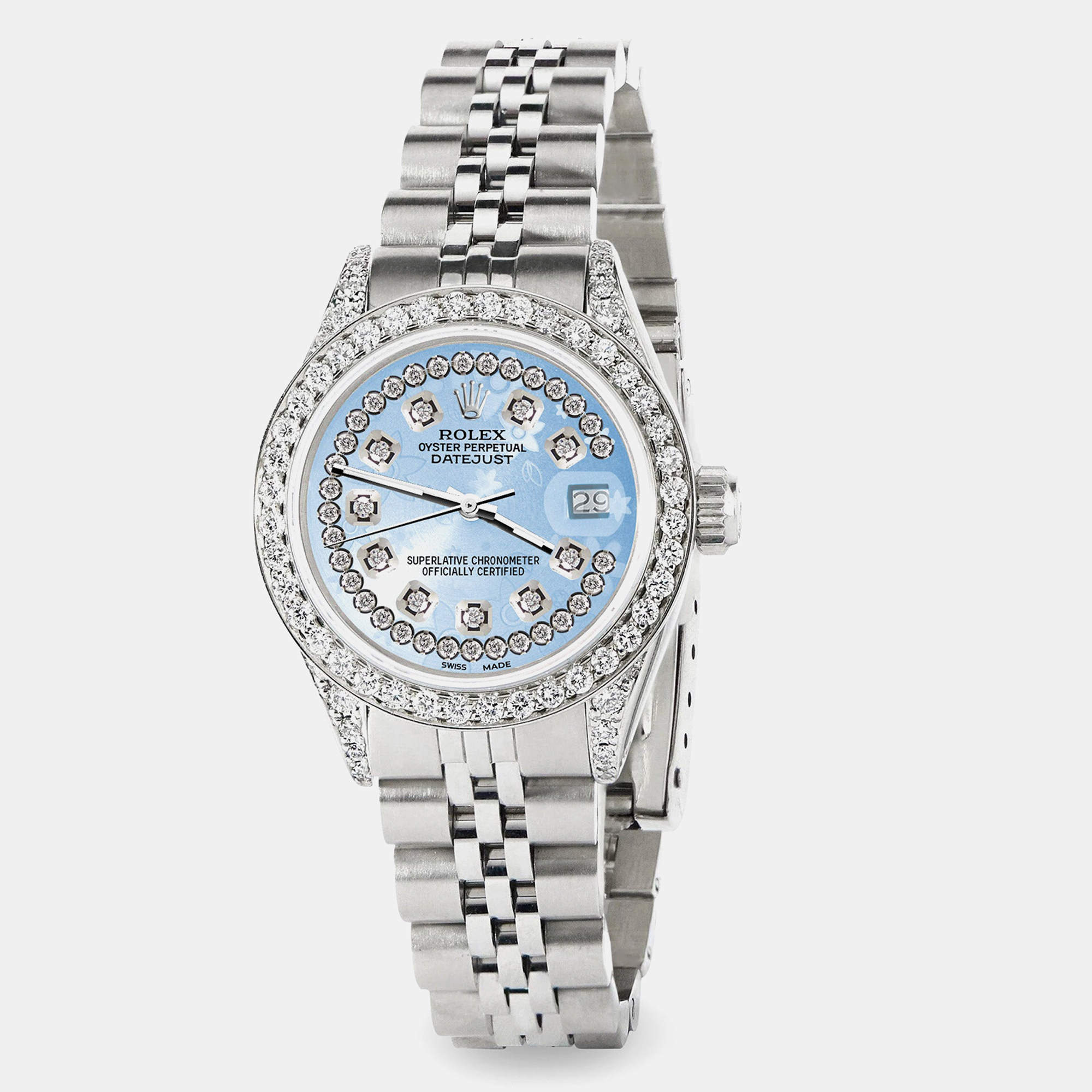 Rolex Custom Blue Flower Diamond Stainless Steel Datejust  Automatic Women's Wristwatch 26mm