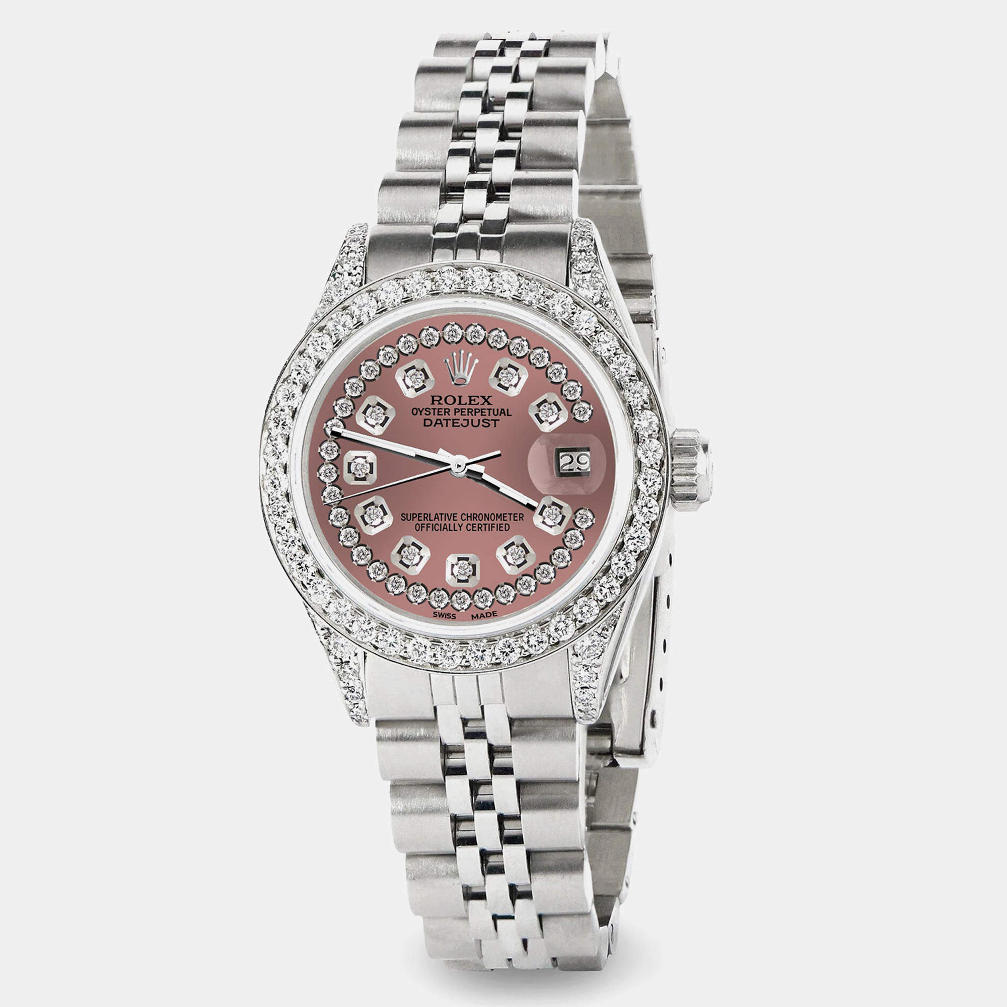 مملوكة مسبقًا ساعة يد نسائية رولكس ديت جست أوتوماتيك ستانلس ستيل ألماس لون سلمون 26 مم