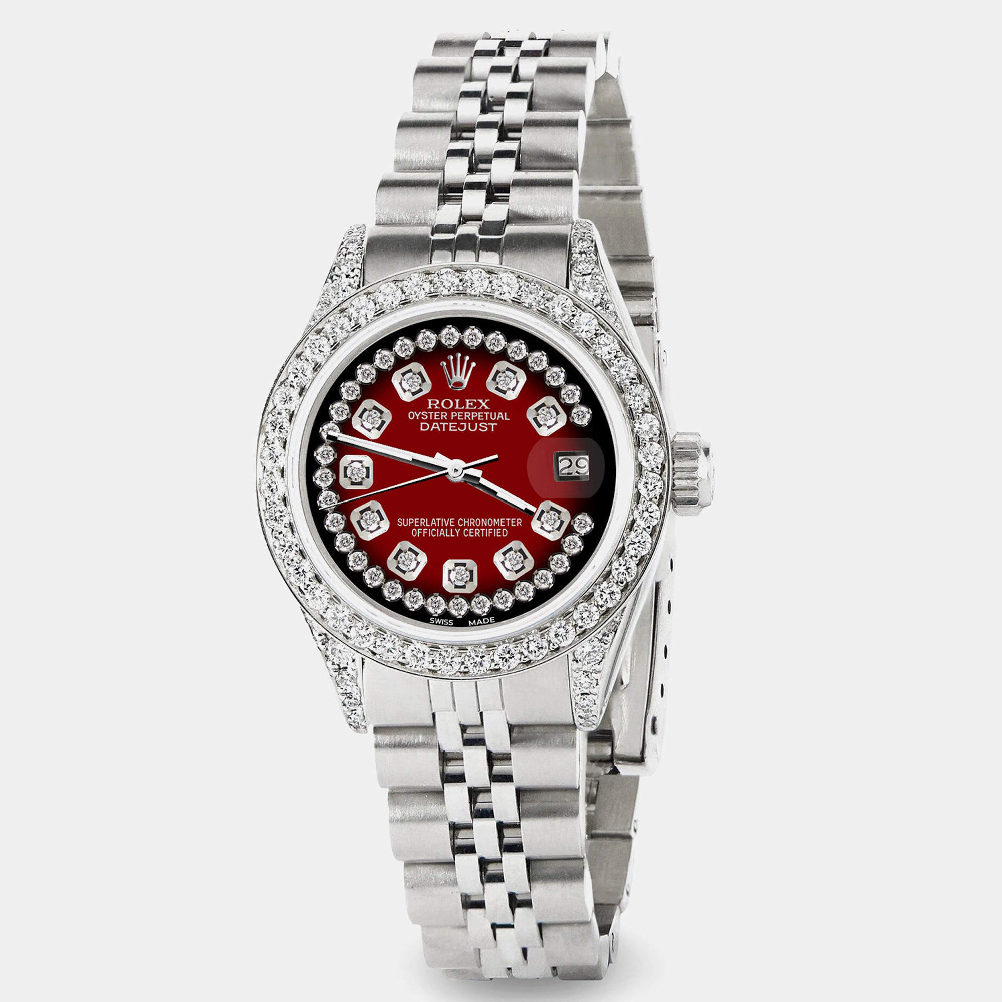 Rolex Custom Red Vignette Diamond Stainless Steel Datejust  Automatic Women's Wristwatch 26mm
