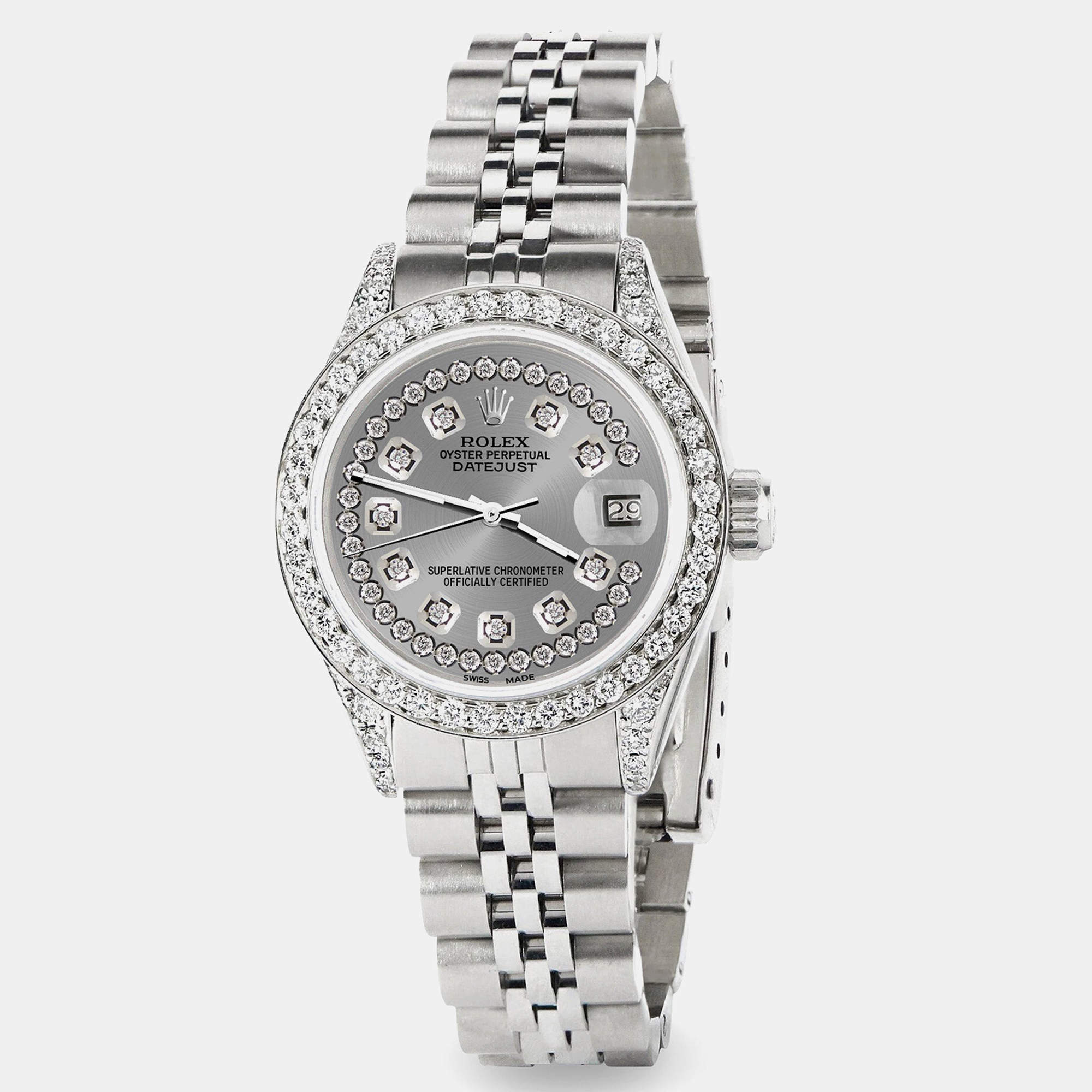 Rolex Custom Grey Diamond Stainless Steel Datejust  Automatic Women's Wristwatch 26mm