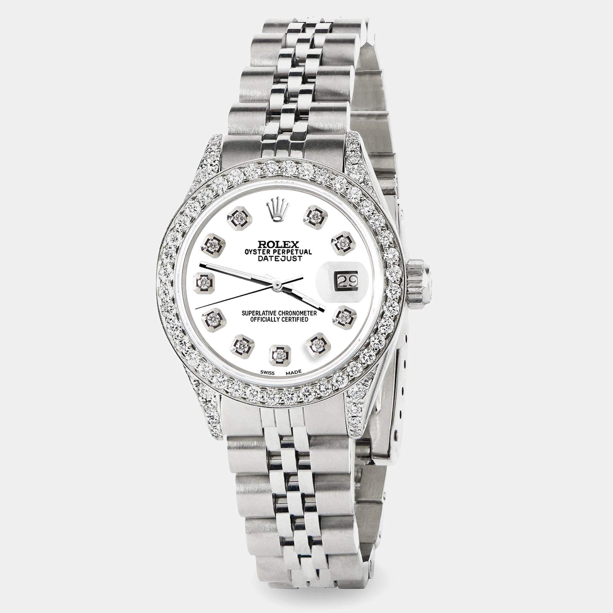 Rolex Custom White Diamond Stainless Steel Datejust  Automatic Women's Wristwatch 26mm