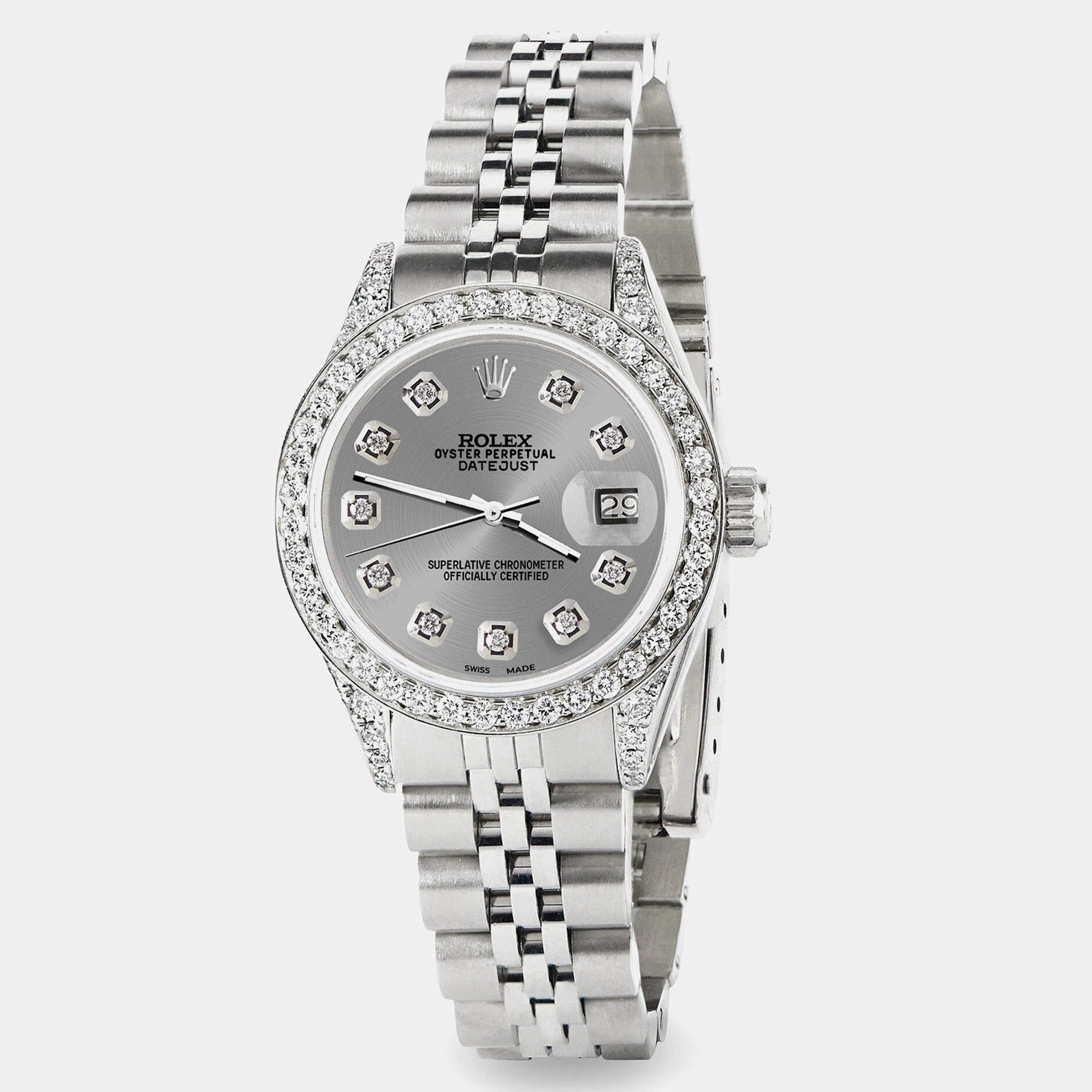 Rolex Custom Grey Diamond Stainless Steel Datejust  Automatic Women's Wristwatch 26mm