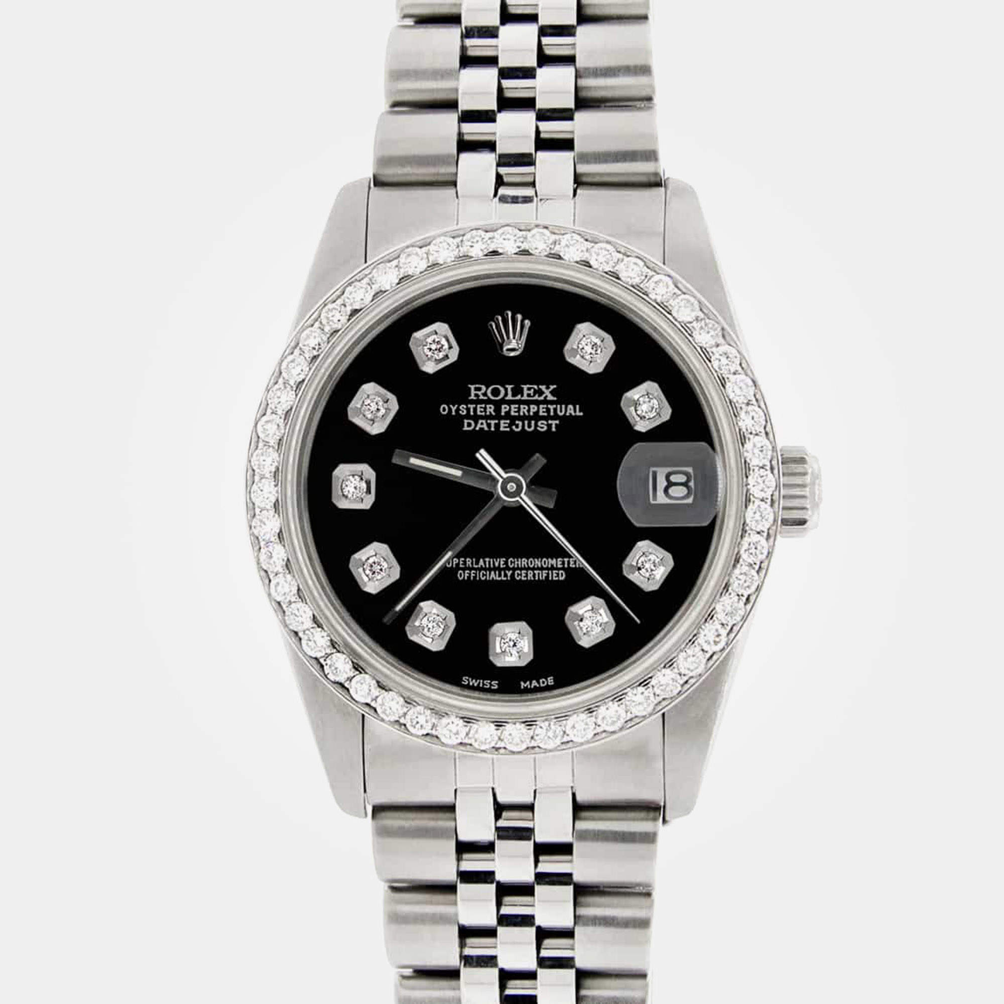 Rolex Custom Black Diamond Stainless Steel Datejust  Automatic Women's Wristwatch 31MM