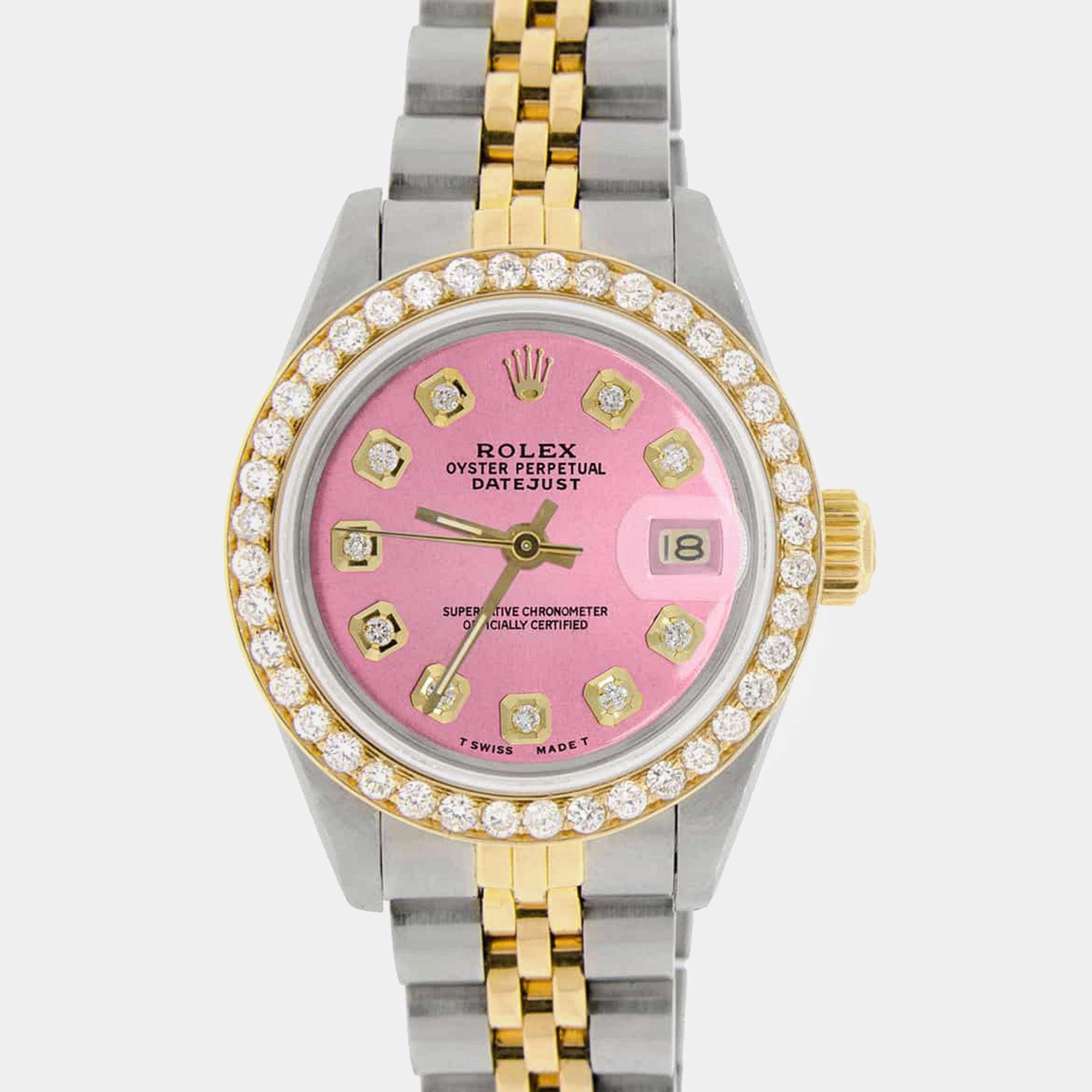 Rolex Custom Hot Pink Diamond 18K Yellow Gold Stainless Steel Datejust  Automatic Women's Wristwatch 26mm