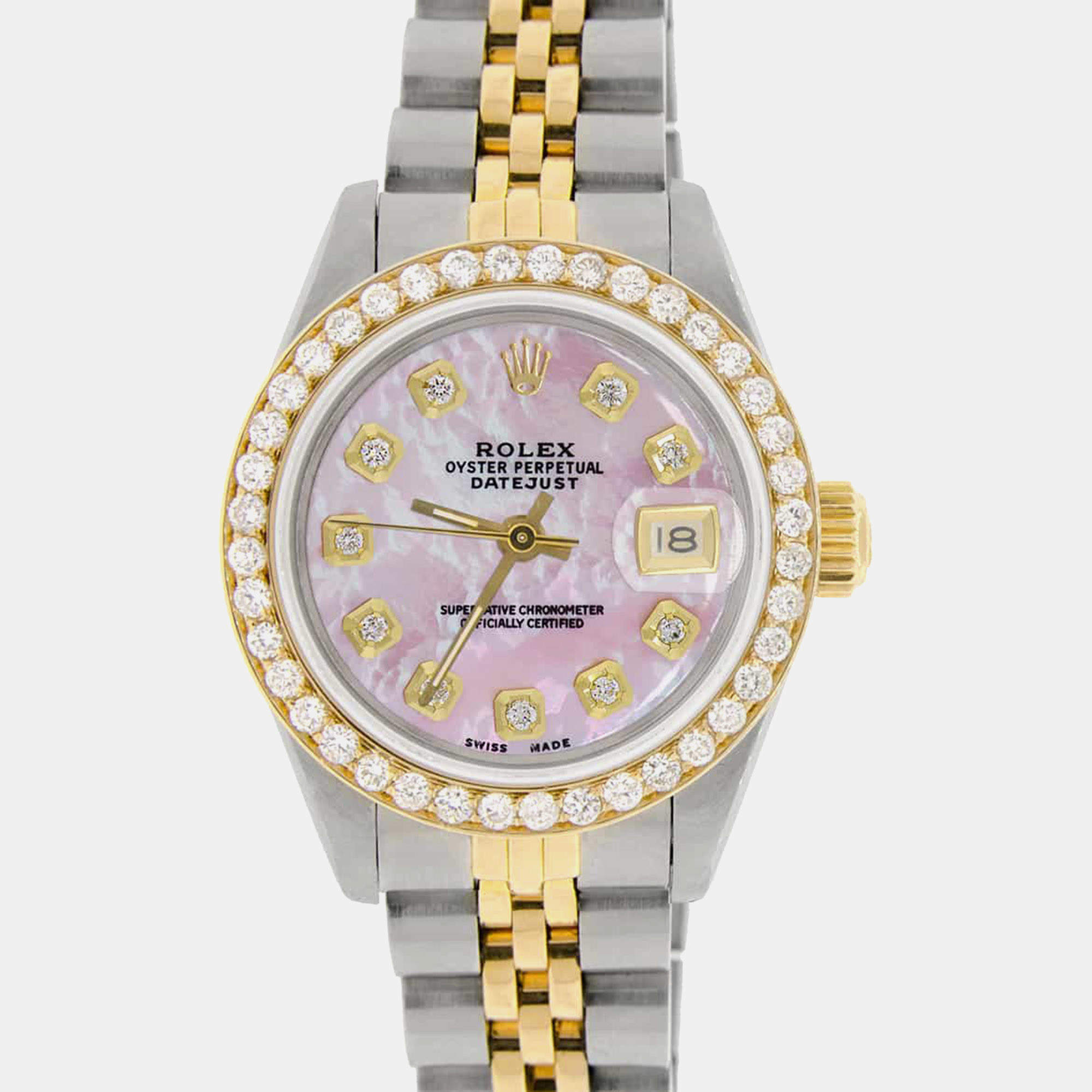 Rolex Custom Pink MOP Diamond 18K Yellow Gold Stainless Steel Datejust  Automatic Women's Wristwatch 26mm