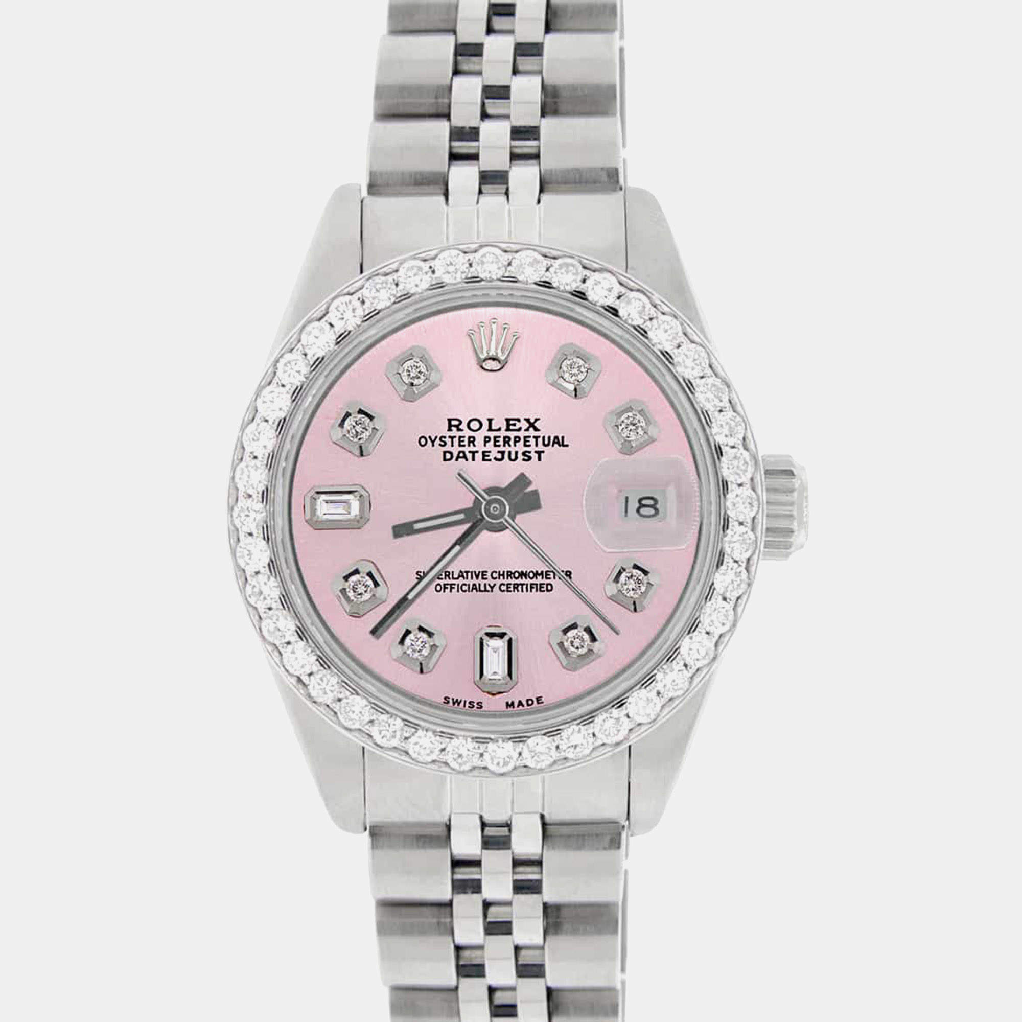 Pre Owned Rolex Custom Orchid Pink Diamond Stainless Steel Datejust Automatic Women's Wristwatch 26MM