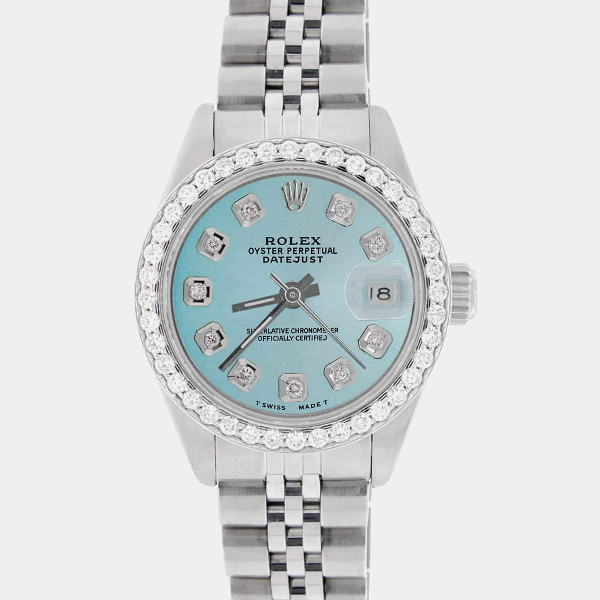Rolex Customised Blue Diamond Stainless Steel Datejust  Automatic Women's Wristwatch 26MM
