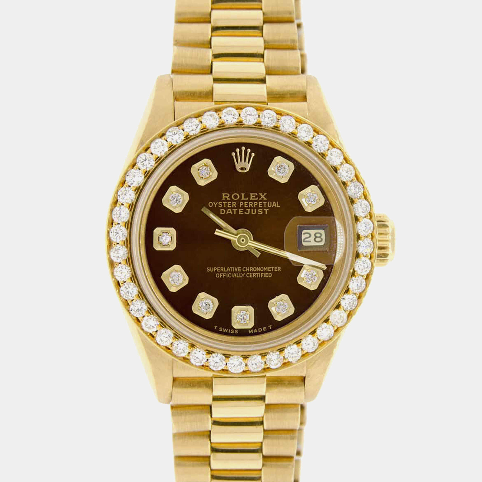 Rolex Customised Cocoa Brown Diamond 18K Yellow Gold President Datejust  Automatic Women's Wristwatch 26MM