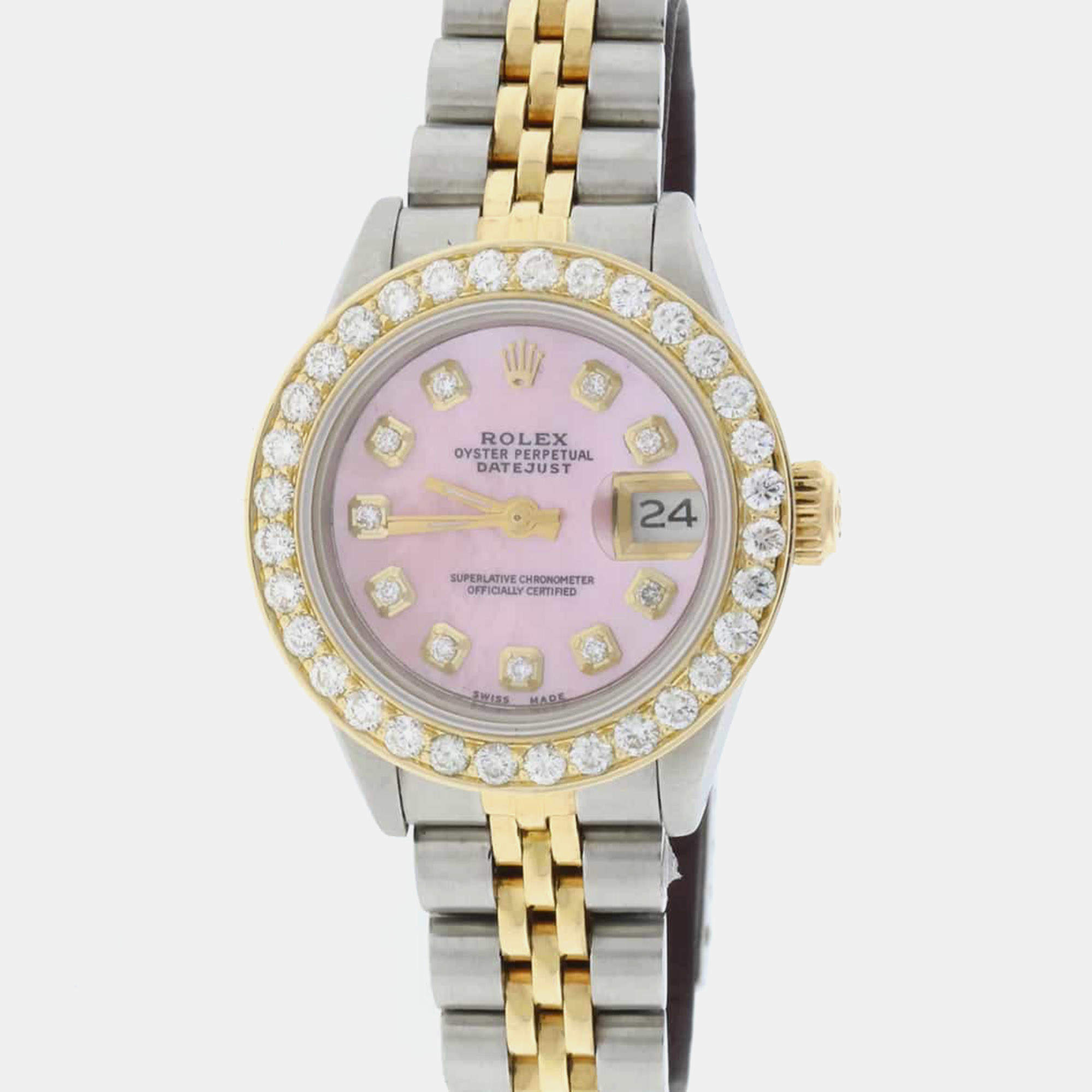 Rolex Customised Pink MOP Diamond 18K Yellow Gold Stainless Steel Datejust  Automatic Women's Wristwatch 26mm