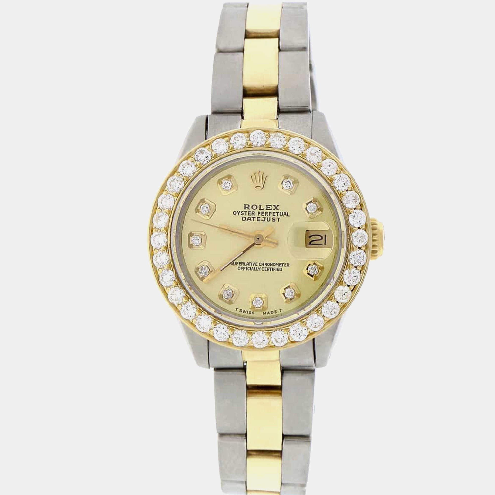 Rolex Customised Champagne Diamond 18K Yellow Gold Stainless Steel Datejust  Automatic Women's Wristwatch 26MM