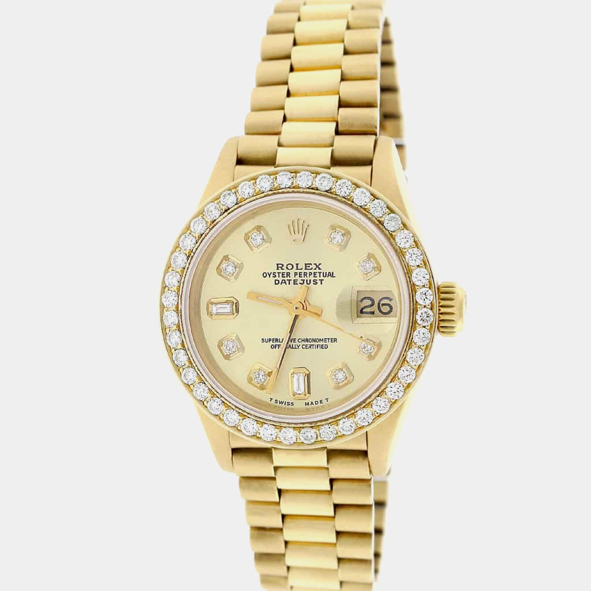 Rolex Customised Champagne Diamond 18K Yellow Gold President Datejust  Automatic Women's Wristwatch 26MM