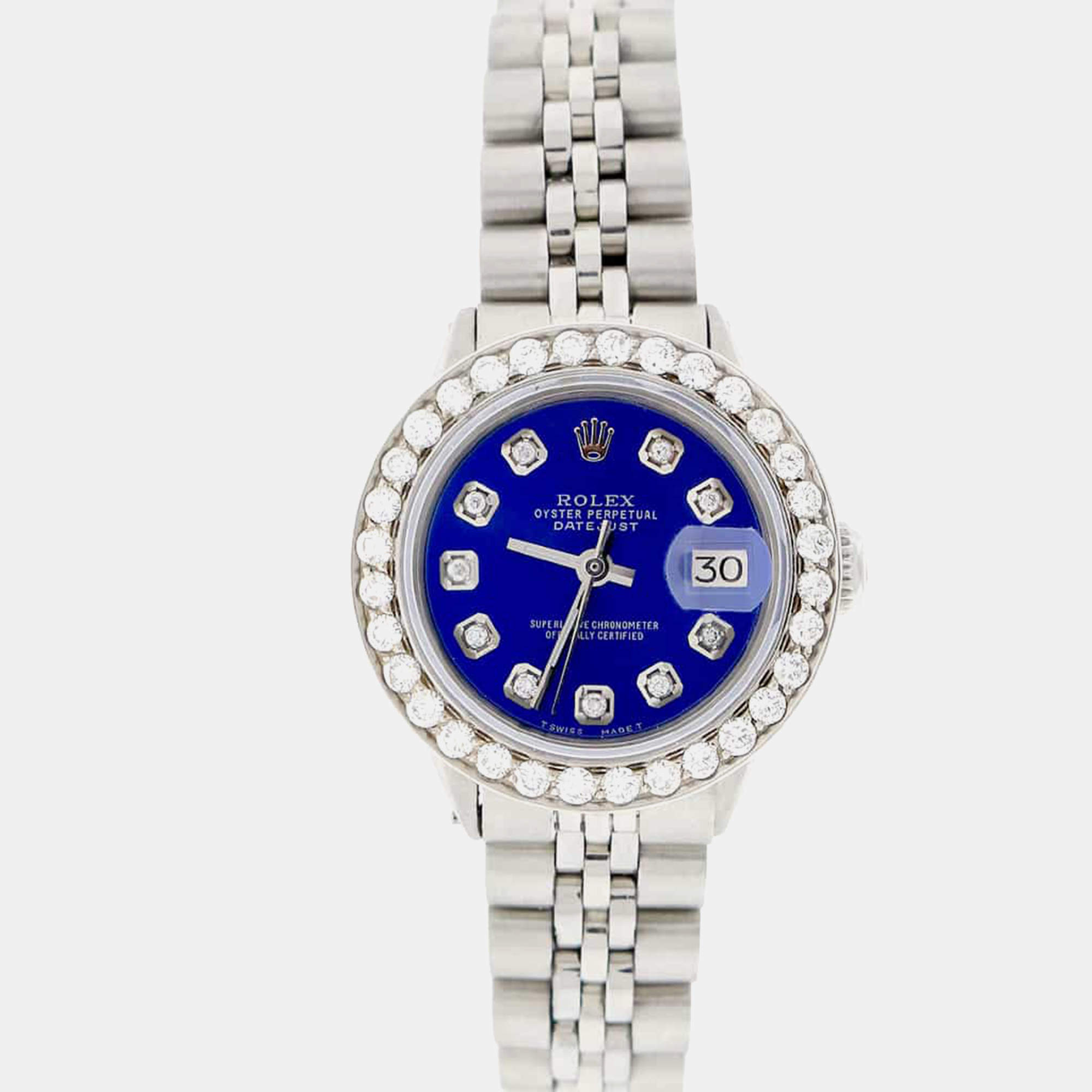 Rolex Customised Royal Blue 1.35CT Diamond Stainless Steel Datejust  Automatic Women's Wristwatch 26MM